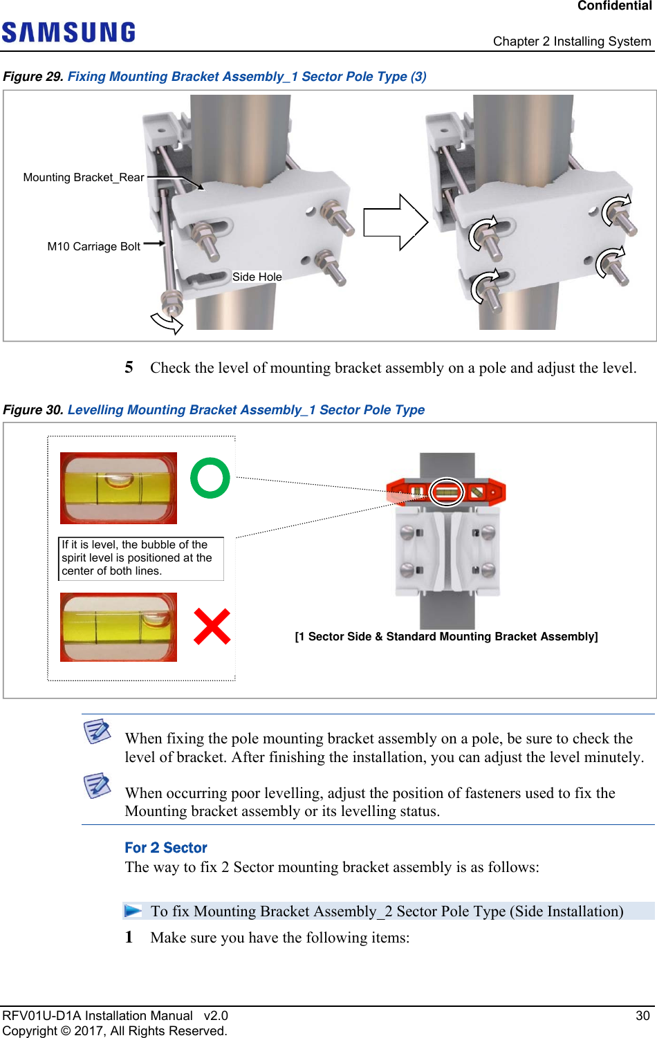 Confidential   Chapter 2 Installing System RFV01U-D1A Installation Manual   v2.0   30 Copyright © 2017, All Rights Reserved. Figure 29. Fixing Mounting Bracket Assembly_1 Sector Pole Type (3)  5  Check the level of mounting bracket assembly on a pole and adjust the level. Figure 30. Levelling Mounting Bracket Assembly_1 Sector Pole Type   When fixing the pole mounting bracket assembly on a pole, be sure to check the level of bracket. After finishing the installation, you can adjust the level minutely.   When occurring poor levelling, adjust the position of fasteners used to fix the Mounting bracket assembly or its levelling status. For 2 Sector The way to fix 2 Sector mounting bracket assembly is as follows:  To fix Mounting Bracket Assembly_2 Sector Pole Type (Side Installation) 1  Make sure you have the following items: Side HoleM10 Carriage BoltMounting Bracket_Rear If it is level, the bubble of the spirit level is positioned at the center of both lines. [1 Sector Side &amp; Standard Mounting Bracket Assembly] 