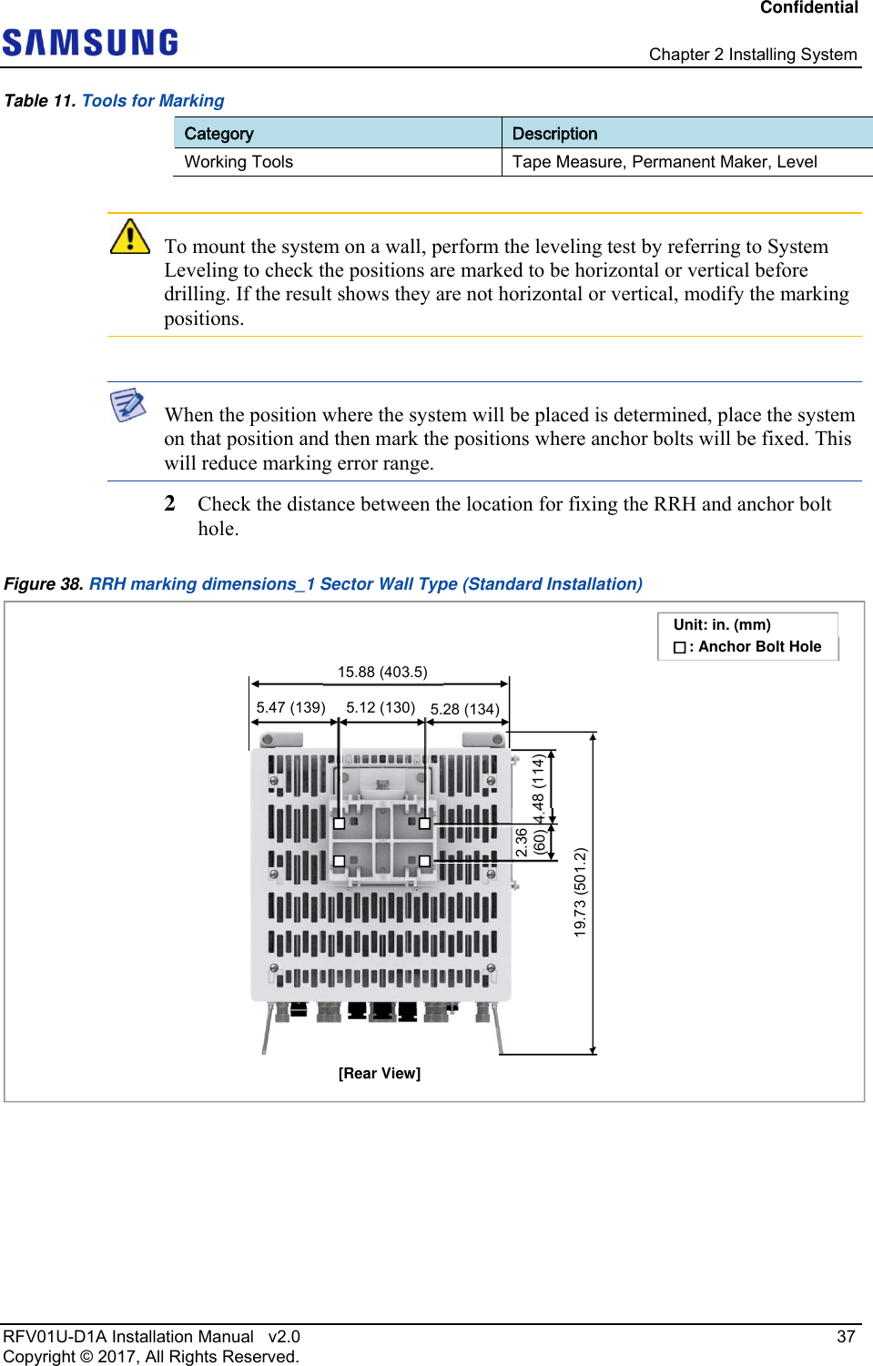 Confidential   Chapter 2 Installing System RFV01U-D1A Installation Manual   v2.0   37 Copyright © 2017, All Rights Reserved. Table 11. Tools for Marking Category  Description Working Tools  Tape Measure, Permanent Maker, Level   To mount the system on a wall, perform the leveling test by referring to System Leveling to check the positions are marked to be horizontal or vertical before drilling. If the result shows they are not horizontal or vertical, modify the marking positions.   When the position where the system will be placed is determined, place the system on that position and then mark the positions where anchor bolts will be fixed. This will reduce marking error range. 2  Check the distance between the location for fixing the RRH and anchor bolt hole.  Figure 38. RRH marking dimensions_1 Sector Wall Type (Standard Installation)   [Rear View] Unit: in. (mm)  4.48 (114) 5.12 (130)15.88 (403.5)5.47 (139)  5.28 (134)19.73 (501.2)    : Anchor Bolt Hole 2.36 (60)  