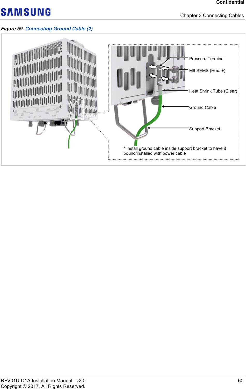 Confidential   Chapter 3 Connecting Cables RFV01U-D1A Installation Manual   v2.0   60 Copyright © 2017, All Rights Reserved. Figure 59. Connecting Ground Cable (2)    Ground Cable Heat Shrink Tube (Clear)Pressure Terminal M6 SEMS (Hex. +) * Install ground cable inside support bracket to have it bound/installed with power cable Support Bracket 