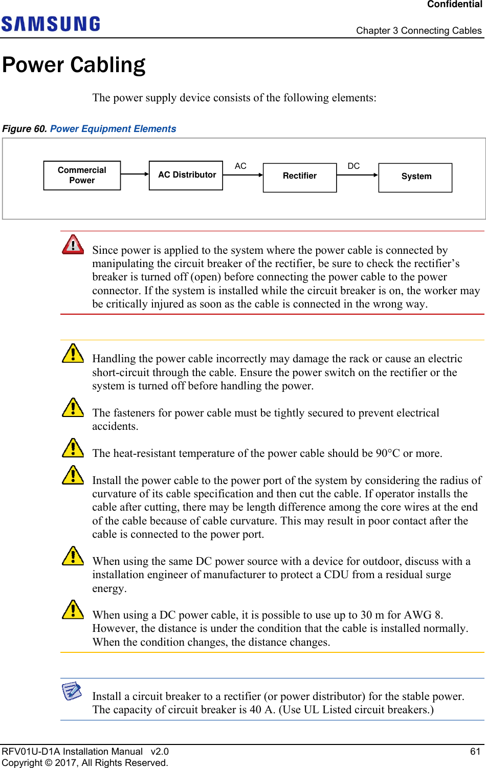 Confidential   Chapter 3 Connecting Cables RFV01U-D1A Installation Manual   v2.0   61 Copyright © 2017, All Rights Reserved. Power Cabling The power supply device consists of the following elements: Figure 60. Power Equipment Elements   Since power is applied to the system where the power cable is connected by manipulating the circuit breaker of the rectifier, be sure to check the rectifier’s breaker is turned off (open) before connecting the power cable to the power connector. If the system is installed while the circuit breaker is on, the worker may be critically injured as soon as the cable is connected in the wrong way.   Handling the power cable incorrectly may damage the rack or cause an electric short-circuit through the cable. Ensure the power switch on the rectifier or the system is turned off before handling the power.  The fasteners for power cable must be tightly secured to prevent electrical accidents.  The heat-resistant temperature of the power cable should be 90°C or more.  Install the power cable to the power port of the system by considering the radius of curvature of its cable specification and then cut the cable. If operator installs the cable after cutting, there may be length difference among the core wires at the end of the cable because of cable curvature. This may result in poor contact after the cable is connected to the power port.  When using the same DC power source with a device for outdoor, discuss with a installation engineer of manufacturer to protect a CDU from a residual surge energy.  When using a DC power cable, it is possible to use up to 30 m for AWG 8. However, the distance is under the condition that the cable is installed normally. When the condition changes, the distance changes.   Install a circuit breaker to a rectifier (or power distributor) for the stable power. The capacity of circuit breaker is 40 A. (Use UL Listed circuit breakers.)  Commercial Power ACDC   AC Distributor  Rectifier  System 