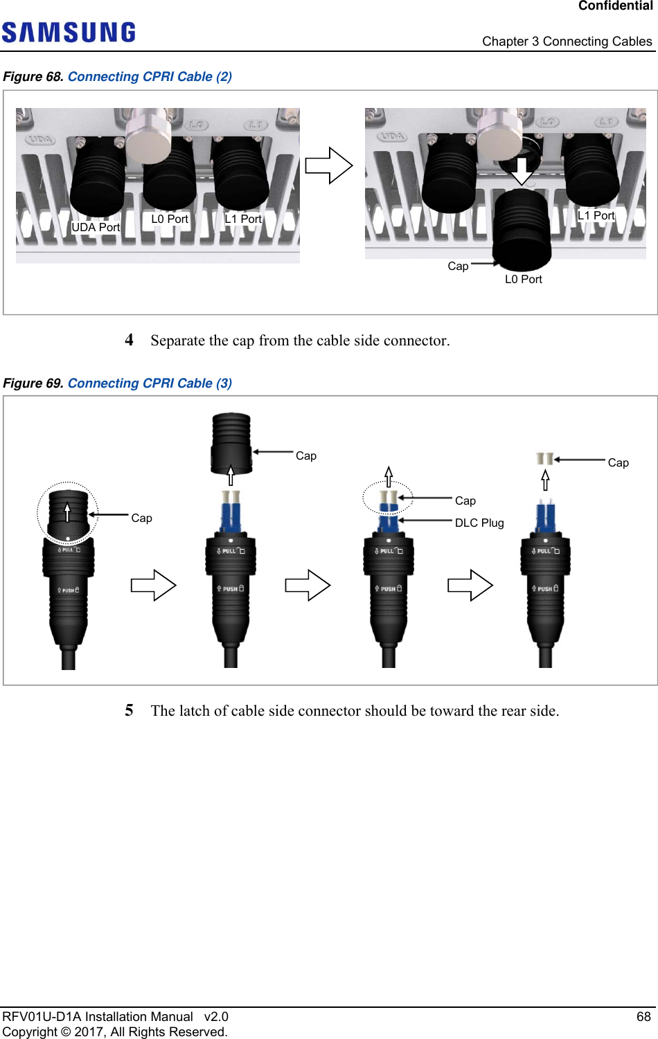 Confidential   Chapter 3 Connecting Cables RFV01U-D1A Installation Manual   v2.0   68 Copyright © 2017, All Rights Reserved. Figure 68. Connecting CPRI Cable (2)  4  Separate the cap from the cable side connector. Figure 69. Connecting CPRI Cable (3)  5  The latch of cable side connector should be toward the rear side. CapL0 Port L0 Port  L1 PortL1 PortUDA Port Cap Cap DLC Plug Cap Cap 