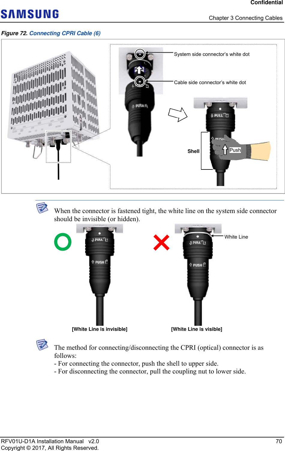 Confidential   Chapter 3 Connecting Cables RFV01U-D1A Installation Manual   v2.0   70 Copyright © 2017, All Rights Reserved. Figure 72. Connecting CPRI Cable (6)   When the connector is fastened tight, the white line on the system side connector should be invisible (or hidden).   The method for connecting/disconnecting the CPRI (optical) connector is as follows: - For connecting the connector, push the shell to upper side. - For disconnecting the connector, pull the coupling nut to lower side.  System side connector’s white dot Cable side connector’s white dot Shell Push White Line [White Line is invisible]  [White Line is visible] 