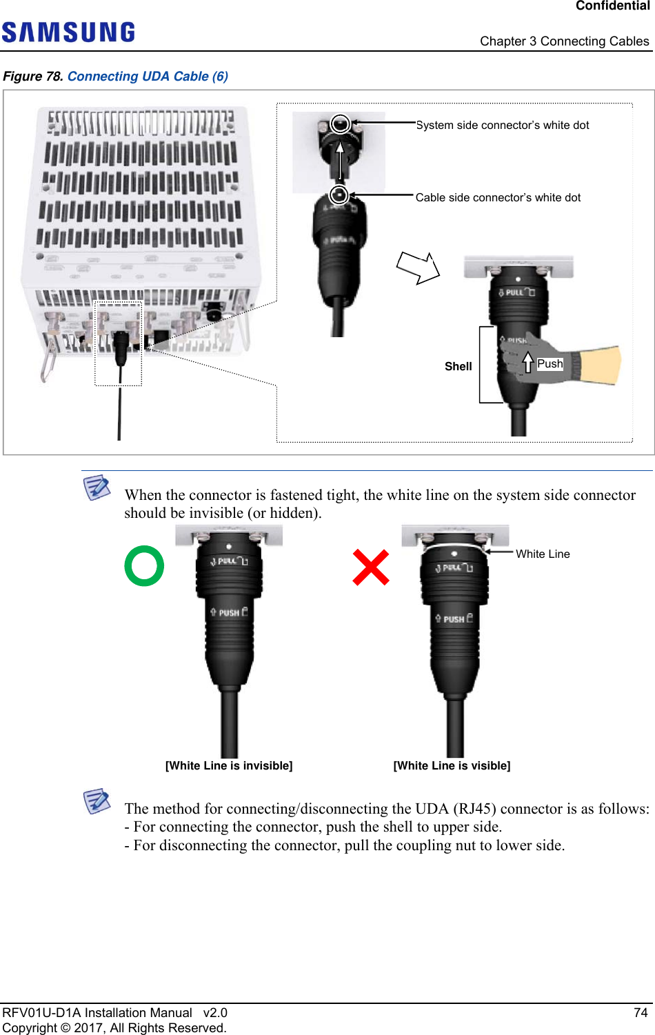 Confidential   Chapter 3 Connecting Cables RFV01U-D1A Installation Manual   v2.0   74 Copyright © 2017, All Rights Reserved. Figure 78. Connecting UDA Cable (6)   When the connector is fastened tight, the white line on the system side connector should be invisible (or hidden).   The method for connecting/disconnecting the UDA (RJ45) connector is as follows: - For connecting the connector, push the shell to upper side. - For disconnecting the connector, pull the coupling nut to lower side.  System side connector’s white dot Cable side connector’s white dot Shell Push White Line [White Line is invisible]  [White Line is visible] 