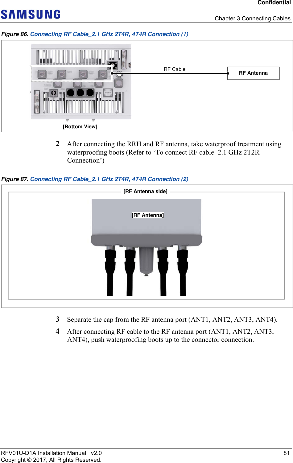 Confidential   Chapter 3 Connecting Cables RFV01U-D1A Installation Manual   v2.0   81 Copyright © 2017, All Rights Reserved. Figure 86. Connecting RF Cable_2.1 GHz 2T4R, 4T4R Connection (1)  2  After connecting the RRH and RF antenna, take waterproof treatment using waterproofing boots (Refer to ‘To connect RF cable_2.1 GHz 2T2R Connection’) Figure 87. Connecting RF Cable_2.1 GHz 2T4R, 4T4R Connection (2)  3  Separate the cap from the RF antenna port (ANT1, ANT2, ANT3, ANT4). 4  After connecting RF cable to the RF antenna port (ANT1, ANT2, ANT3, ANT4), push waterproofing boots up to the connector connection. [Bottom View] RF Antenna RF Cable [RF Antenna side][RF Antenna]