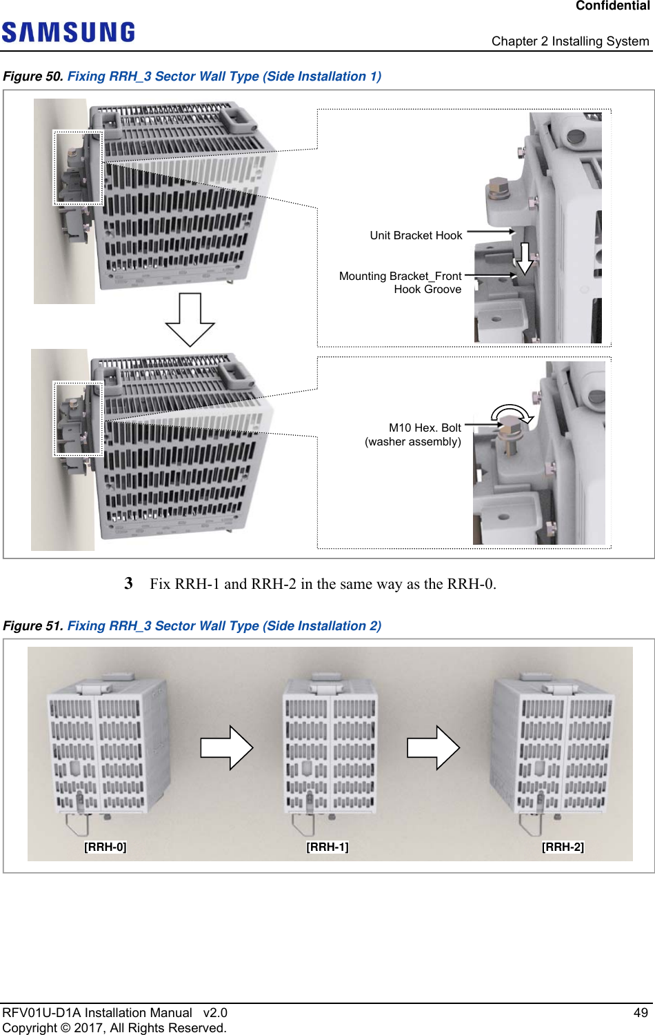 Confidential   Chapter 2 Installing System RFV01U-D1A Installation Manual   v2.0   49 Copyright © 2017, All Rights Reserved. Figure 50. Fixing RRH_3 Sector Wall Type (Side Installation 1)  3  Fix RRH-1 and RRH-2 in the same way as the RRH-0. Figure 51. Fixing RRH_3 Sector Wall Type (Side Installation 2)   M10 Hex. Bolt(washer assembly) Unit Bracket HookMounting Bracket_FrontHook Groove[RRH-0]  [RRH-1]  [RRH-2] 