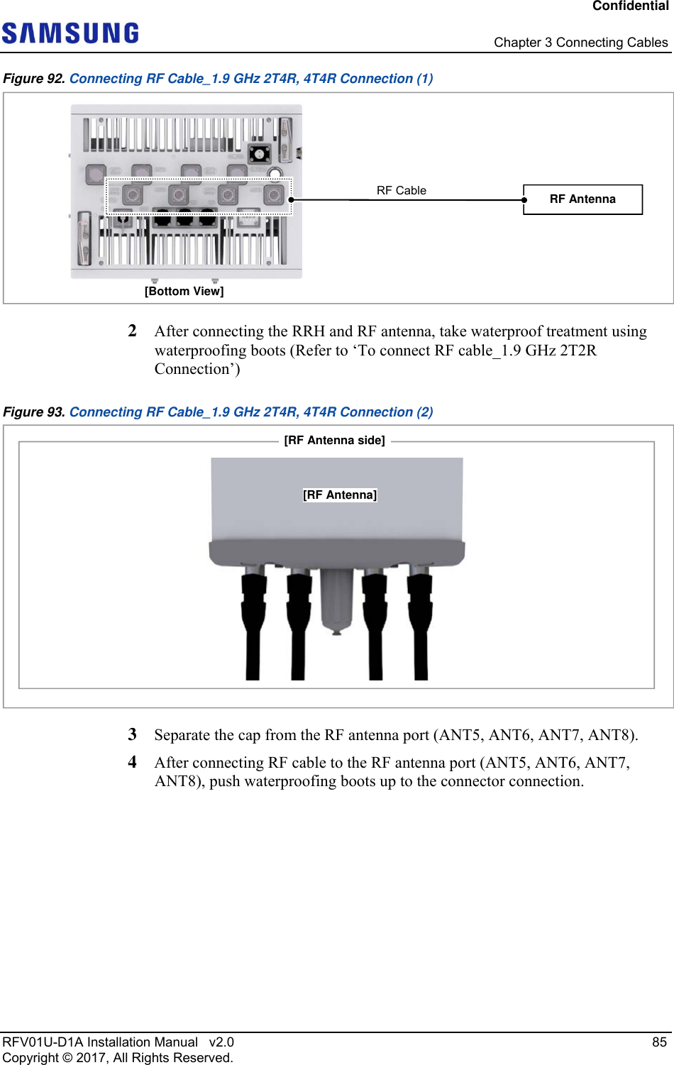 Confidential   Chapter 3 Connecting Cables RFV01U-D1A Installation Manual   v2.0   85 Copyright © 2017, All Rights Reserved. Figure 92. Connecting RF Cable_1.9 GHz 2T4R, 4T4R Connection (1)  2  After connecting the RRH and RF antenna, take waterproof treatment using waterproofing boots (Refer to ‘To connect RF cable_1.9 GHz 2T2R Connection’) Figure 93. Connecting RF Cable_1.9 GHz 2T4R, 4T4R Connection (2)  3  Separate the cap from the RF antenna port (ANT5, ANT6, ANT7, ANT8). 4  After connecting RF cable to the RF antenna port (ANT5, ANT6, ANT7, ANT8), push waterproofing boots up to the connector connection. [Bottom View] RF Antenna RF Cable [RF Antenna side][RF Antenna]