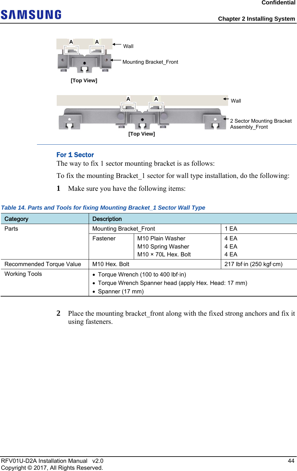 Confidential  Chapter 2 Installing System RFV01U-D2A Installation Manual   v2.0   44 Copyright © 2017, All Rights Reserved.  For 1 Sector The way to fix 1 sector mounting bracket is as follows: To fix the mounting Bracket_1 sector for wall type installation, do the following: 1  Make sure you have the following items: Table 14. Parts and Tools for fixing Mounting Bracket_1 Sector Wall Type  Category  Description Parts  Mounting Bracket_Front  1 EA Fastener  M10 Plain Washer M10 Spring Washer M10 × 70L Hex. Bolt 4 EA 4 EA 4 EA Recommended Torque Value  M10 Hex. Bolt  217 lbfin (250 kgfcm) Working Tools    Torque Wrench (100 to 400 lbf·in)   Torque Wrench Spanner head (apply Hex. Head: 17 mm)   Spanner (17 mm)  2  Place the mounting bracket_front along with the fixed strong anchors and fix it using fasteners. [Top View] A  Wall Mounting Bracket_Front AAA Wall 2 Sector Mounting Bracket Assembly_Front [Top View] 