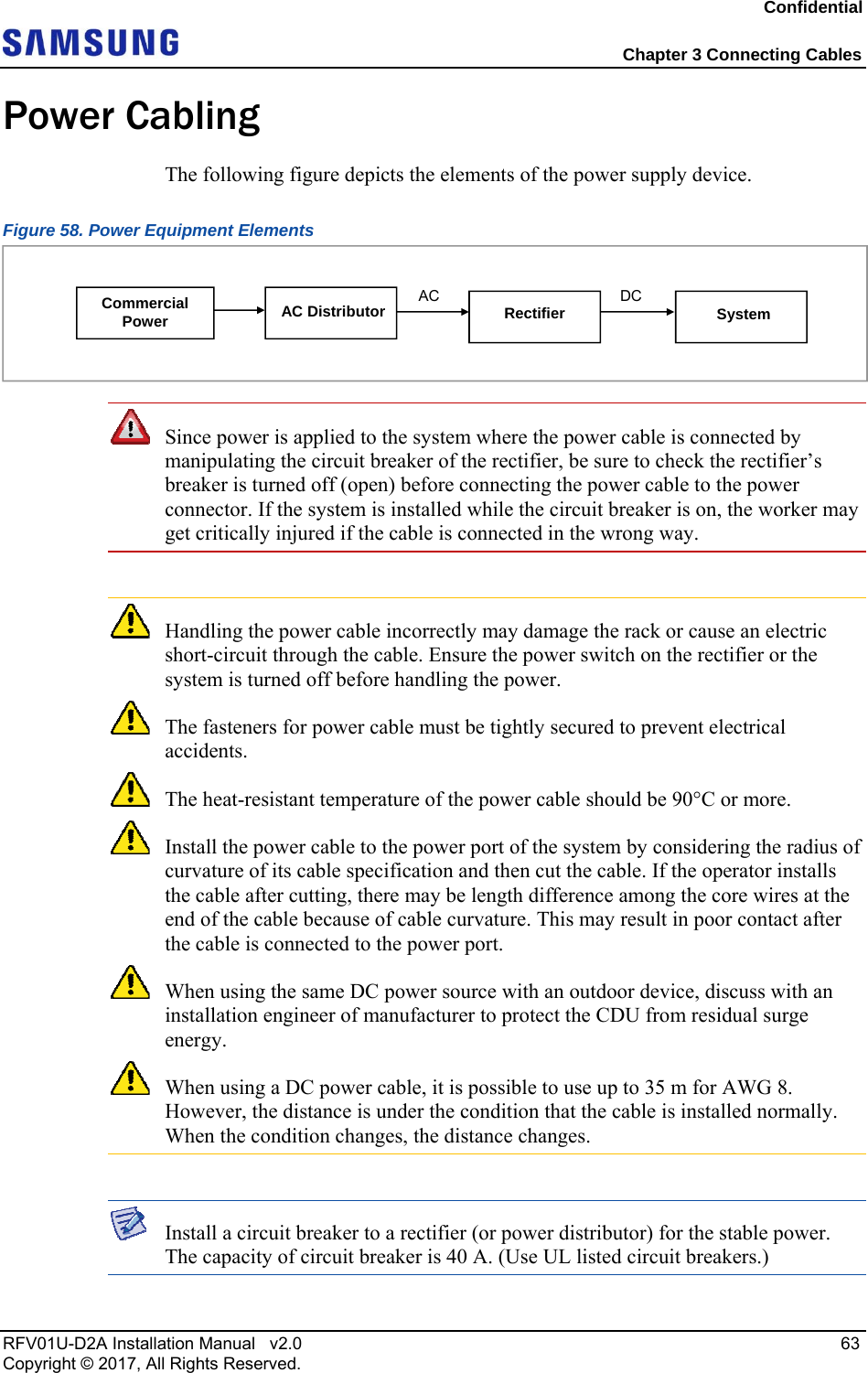 Confidential Chapter 3 Connecting Cables RFV01U-D2A Installation Manual v2.0 63 Copyright © 2017, All Rights Reserved. Power Cabling The following figure depicts the elements of the power supply device. Figure 58. Power Equipment Elements Since power is applied to the system where the power cable is connected by manipulating the circuit breaker of the rectifier, be sure to check the rectifier’s breaker is turned off (open) before connecting the power cable to the power connector. If the system is installed while the circuit breaker is on, the worker may get critically injured if the cable is connected in the wrong way. Handling the power cable incorrectly may damage the rack or cause an electric short-circuit through the cable. Ensure the power switch on the rectifier or the system is turned off before handling the power. The fasteners for power cable must be tightly secured to prevent electrical accidents. The heat-resistant temperature of the power cable should be 90°C or more. Install the power cable to the power port of the system by considering the radius of curvature of its cable specification and then cut the cable. If the operator installs the cable after cutting, there may be length difference among the core wires at the end of the cable because of cable curvature. This may result in poor contact after the cable is connected to the power port. When using the same DC power source with an outdoor device, discuss with an installation engineer of manufacturer to protect the CDU from residual surge energy. When using a DC power cable, it is possible to use up to 35 m for AWG 8. However, the distance is under the condition that the cable is installed normally. When the condition changes, the distance changes. Install a circuit breaker to a rectifier (or power distributor) for the stable power. The capacity of circuit breaker is 40 A. (Use UL listed circuit breakers.) Commercial Power ACDC AC Distributor Rectifier System