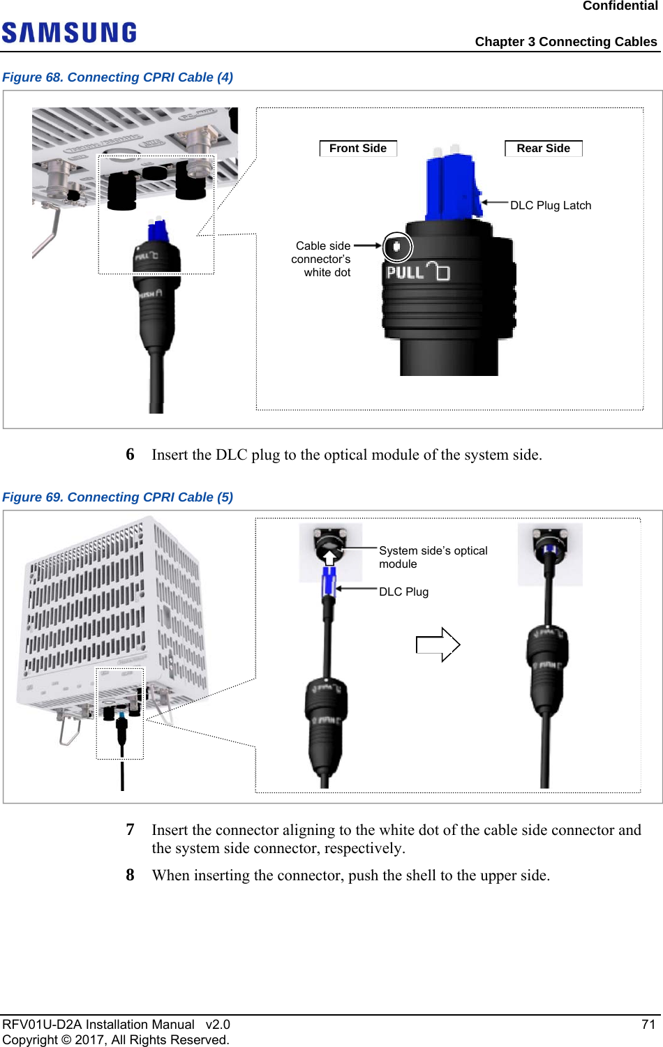 Confidential Chapter 3 Connecting Cables RFV01U-D2A Installation Manual v2.0 71 Copyright © 2017, All Rights Reserved. Figure 68. Connecting CPRI Cable (4) 6 Insert the DLC plug to the optical module of the system side. Figure 69. Connecting CPRI Cable (5) 7 Insert the connector aligning to the white dot of the cable side connector and the system side connector, respectively. 8 When inserting the connector, push the shell to the upper side. DLC Plug Latch Cable sideconnector’swhite dotFront Side Rear Side DLC Plug System side’s optical module