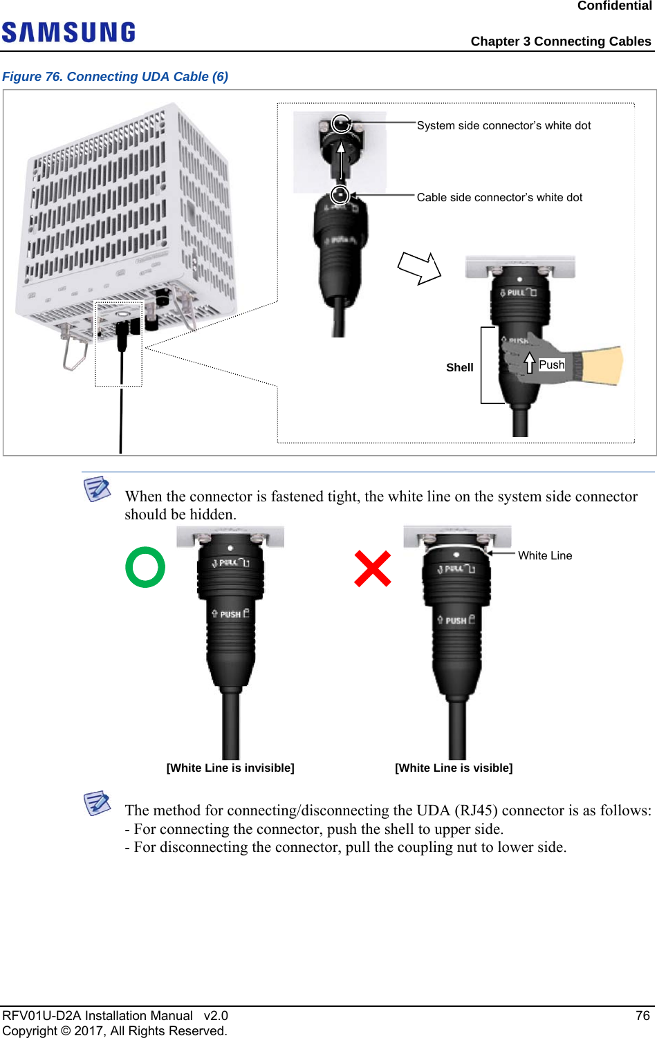 Confidential  Chapter 3 Connecting Cables RFV01U-D2A Installation Manual   v2.0   76 Copyright © 2017, All Rights Reserved. Figure 76. Connecting UDA Cable (6)   When the connector is fastened tight, the white line on the system side connector should be hidden.   The method for connecting/disconnecting the UDA (RJ45) connector is as follows: - For connecting the connector, push the shell to upper side. - For disconnecting the connector, pull the coupling nut to lower side.  System side connector’s white dot Cable side connector’s white dot Shell Push White Line [White Line is invisible]  [White Line is visible] 