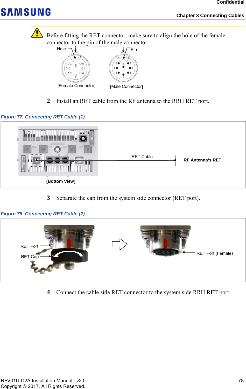 Confidential  Chapter 3 Connecting Cables RFV01U-D2A Installation Manual   v2.0   78 Copyright © 2017, All Rights Reserved.  Before fitting the RET connector, make sure to align the hole of the female connector to the pin of the male connector.  2  Install an RET cable from the RF antenna to the RRH RET port. Figure 77. Connecting RET Cable (1)  3  Separate the cap from the system side connector (RET port). Figure 78. Connecting RET Cable (2)  4  Connect the cable side RET connector to the system side RRH RET port.  [Male Connector] [Female Connector] Hole Pin RF Antenna’s RET [Bottom View] RET Cable RET Cap RET Port RET Port (Female) 