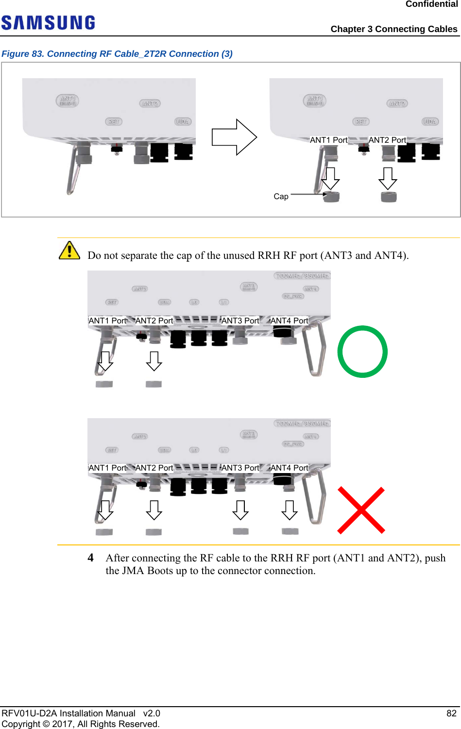 Confidential Chapter 3 Connecting Cables RFV01U-D2A Installation Manual v2.0 82 Copyright © 2017, All Rights Reserved. Figure 83. Connecting RF Cable_2T2R Connection (3) Do not separate the cap of the unused RRH RF port (ANT3 and ANT4). 4 After connecting the RF cable to the RRH RF port (ANT1 and ANT2), push the JMA Boots up to the connector connection. CapANT1 Port ANT2 Port ANT1 Port ANT2 Port ANT3 Port ANT4 PortANT1 Port ANT2 Port ANT3 Port ANT4 Port