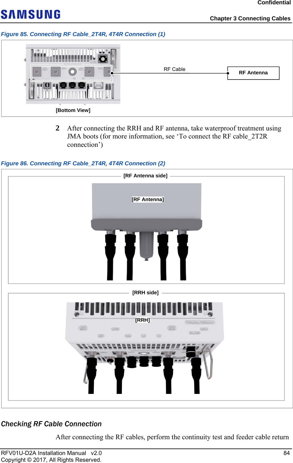 Confidential  Chapter 3 Connecting Cables RFV01U-D2A Installation Manual   v2.0   84 Copyright © 2017, All Rights Reserved. Figure 85. Connecting RF Cable_2T4R, 4T4R Connection (1)  2  After connecting the RRH and RF antenna, take waterproof treatment using JMA boots (for more information, see ‘To connect the RF cable_2T2R connection’) Figure 86. Connecting RF Cable_2T4R, 4T4R Connection (2)  Checking RF Cable Connection After connecting the RF cables, perform the continuity test and feeder cable return [Bottom View] RF Antenna RF Cable [RF Antenna side][RF Antenna][RRH side][RRH]