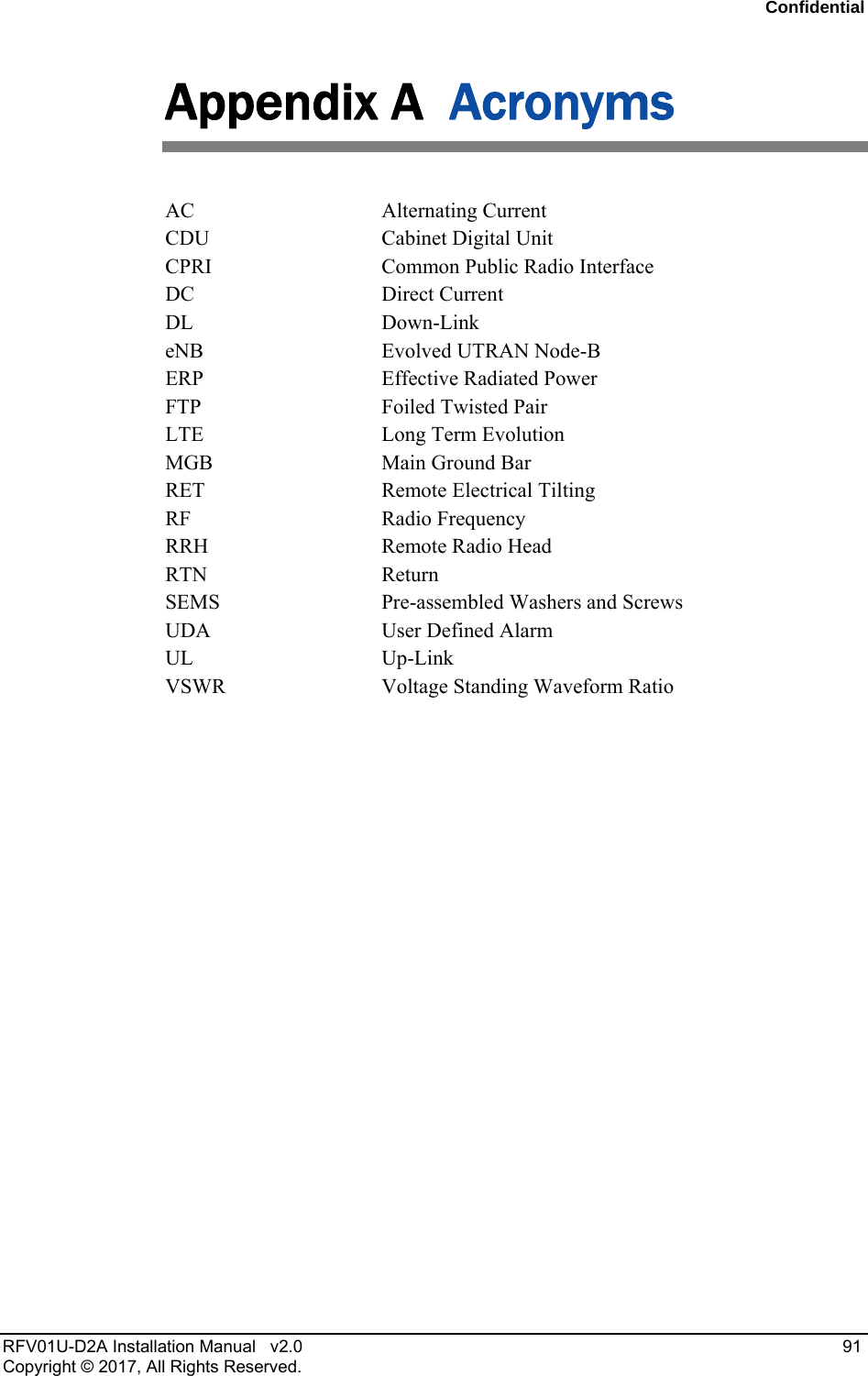 Confidential RFV01U-D2A Installation Manual v2.0 91 Copyright © 2017, All Rights Reserved. Appendix A Acronyms AC Alternating Current CDU Cabinet Digital Unit CPRI Common Public Radio Interface DC Direct Current DL Down-Link eNB Evolved UTRAN Node-B ERP Effective Radiated Power FTP Foiled Twisted Pair LTE Long Term Evolution MGB Main Ground Bar RET Remote Electrical Tilting RF Radio Frequency RRH Remote Radio Head RTN Return SEMS Pre-assembled Washers and Screws UDA User Defined Alarm UL Up-Link VSWR Voltage Standing Waveform Ratio