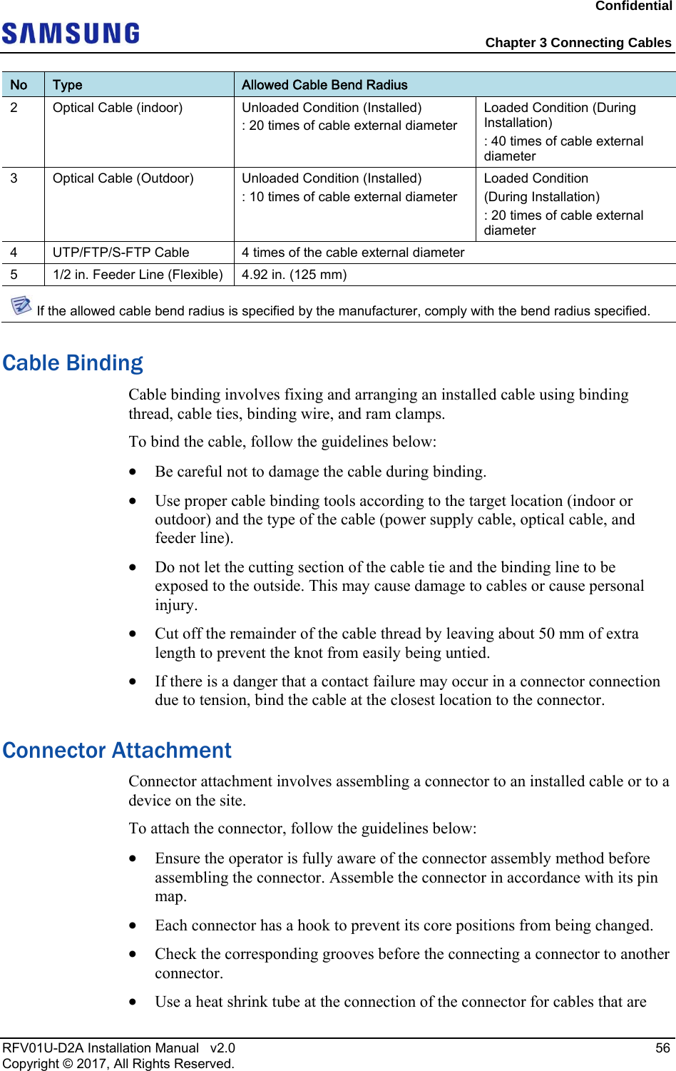Confidential Chapter 3 Connecting Cables RFV01U-D2A Installation Manual v2.0 56 Copyright © 2017, All Rights Reserved. No Type Allowed Cable Bend Radius 2 Optical Cable (indoor) Unloaded Condition (Installed) : 20 times of cable external diameter Loaded Condition (During Installation) : 40 times of cable external diameter 3 Optical Cable (Outdoor) Unloaded Condition (Installed) : 10 times of cable external diameter Loaded Condition (During Installation) : 20 times of cable external diameter 4 UTP/FTP/S-FTP Cable 4 times of the cable external diameter 5 1/2 in. Feeder Line (Flexible) 4.92 in. (125 mm) If the allowed cable bend radius is specified by the manufacturer, comply with the bend radius specified. Cable Binding Cable binding involves fixing and arranging an installed cable using binding thread, cable ties, binding wire, and ram clamps. To bind the cable, follow the guidelines below: Be careful not to damage the cable during binding. Use proper cable binding tools according to the target location (indoor or outdoor) and the type of the cable (power supply cable, optical cable, and feeder line). Do not let the cutting section of the cable tie and the binding line to be exposed to the outside. This may cause damage to cables or cause personal injury. Cut off the remainder of the cable thread by leaving about 50 mm of extra length to prevent the knot from easily being untied. If there is a danger that a contact failure may occur in a connector connection due to tension, bind the cable at the closest location to the connector. Connector Attachment Connector attachment involves assembling a connector to an installed cable or to a device on the site. To attach the connector, follow the guidelines below: Ensure the operator is fully aware of the connector assembly method before assembling the connector. Assemble the connector in accordance with its pin map. Each connector has a hook to prevent its core positions from being changed. Check the corresponding grooves before the connecting a connector to another connector. Use a heat shrink tube at the connection of the connector for cables that are
