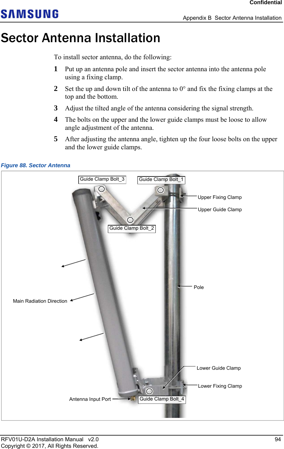 Confidential Appendix B Sector Antenna Installation RFV01U-D2A Installation Manual v2.0 94 Copyright © 2017, All Rights Reserved. Sector Antenna Installation To install sector antenna, do the following: 1 Put up an antenna pole and insert the sector antenna into the antenna pole using a fixing clamp. 2 Set the up and down tilt of the antenna to 0° and fix the fixing clamps at the top and the bottom. 3 Adjust the tilted angle of the antenna considering the signal strength. 4 The bolts on the upper and the lower guide clamps must be loose to allow angle adjustment of the antenna. 5 After adjusting the antenna angle, tighten up the four loose bolts on the upper and the lower guide clamps. Figure 88. Sector Antenna Antenna Input PortPoleMain Radiation Direction Upper Fixing Clamp Lower Fixing Clamp Upper Guide Clamp Lower Guide Clamp Guide Clamp Bolt_2Guide Clamp Bolt_1Guide Clamp Bolt_3Guide Clamp Bolt_4