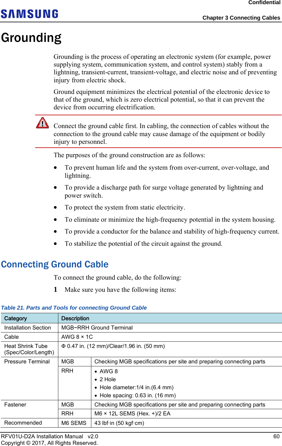 Confidential Chapter 3 Connecting Cables RFV01U-D2A Installation Manual v2.0 60 Copyright © 2017, All Rights Reserved. Grounding Grounding is the process of operating an electronic system (for example, power supplying system, communication system, and control system) stably from a lightning, transient-current, transient-voltage, and electric noise and of preventing injury from electric shock. Ground equipment minimizes the electrical potential of the electronic device to that of the ground, which is zero electrical potential, so that it can prevent the device from occurring electrification. Connect the ground cable first. In cabling, the connection of cables without the connection to the ground cable may cause damage of the equipment or bodily injury to personnel. The purposes of the ground construction are as follows: To prevent human life and the system from over-current, over-voltage, and lightning. To provide a discharge path for surge voltage generated by lightning and power switch. To protect the system from static electricity. To eliminate or minimize the high-frequency potential in the system housing. To provide a conductor for the balance and stability of high-frequency current. To stabilize the potential of the circuit against the ground. Connecting Ground Cable To connect the ground cable, do the following: 1 Make sure you have the following items: Table 21. Parts and Tools for connecting Ground Cable Category Description Installation Section MGB~RRH Ground Terminal Cable AWG 8 × 1C Heat Shrink Tube (Spec/Color/Length) Ф 0.47 in. (12 mm)/Clear/1.96 in. (50 mm) Pressure Terminal MGB Checking MGB specifications per site and preparing connecting parts RRH AWG 8 2 Hole Hole diameter:1/4 in.(6.4 mm) Hole spacing: 0.63 in. (16 mm) Fastener MGB Checking MGB specifications per site and preparing connecting parts RRH M6 × 12L SEMS (Hex. +)/2 EA Recommended M6 SEMS 43 lbf·in (50 kgf·cm)