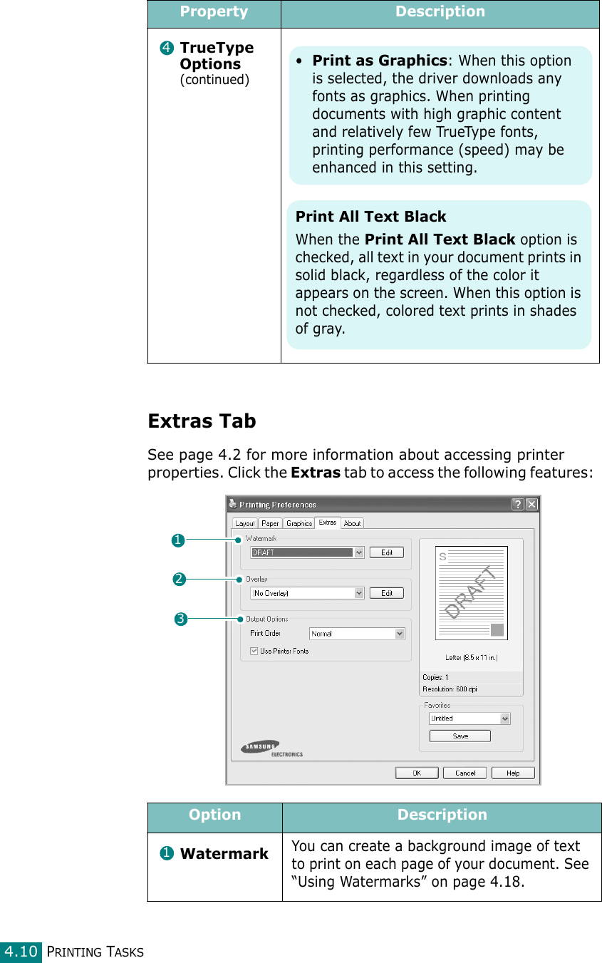 PRINTING TASKS4.10Extras TabSee page 4.2 for more information about accessing printer properties. Click the Extras tab to access the following features: TrueType Options (continued)Option DescriptionWatermarkYou can create a background image of text to print on each page of your document. See “Using Watermarks” on page 4.18.Property Description4•Print as Graphics: When this option is selected, the driver downloads any fonts as graphics. When printing documents with high graphic content and relatively few TrueType fonts, printing performance (speed) may be enhanced in this setting.Print All Text BlackWhen the Print All Text Black option is checked, all text in your document prints in solid black, regardless of the color it appears on the screen. When this option is not checked, colored text prints in shades of gray.2311
