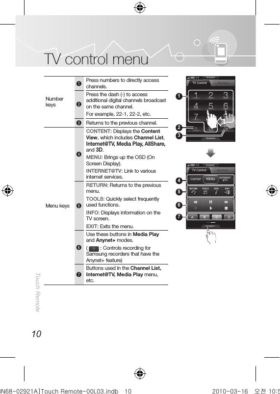 10Touch RemoteTV control menuNumber keys1Press numbers to directly access channels.2Press the dash (-) to access additional digital channels broadcast on the same channel.For example, 22-1, 22-2, etc.3Returns to the previous channel.Menu keys4CONTENT: Displays the Content View, which includes Channel List, Internet@TV, Media Play, AllShare, and 3D.MENU: Brings up the OSD (On Screen Display).INTERNET@TV: Link to various internet services.5RETURN: Returns to the previous menu.TOOLS: Quickly select frequently used functions.INFO: Displays information on the TV screen.EXIT: Exits the menu.6Use these buttons in Media Play and Anynet+ modes.(   : Controls recording for Samsung recorders that have the Anynet+ feature)7Buttons used in the Channel List, Internet@TV, Media Play menu, etc.KeyboardNavigationTV Control ServicesINTERNET@TVCONTENT MENUKeyboardTV Control Services4657132[BN68-02921A]Touch Remote-00L03.indb   10 2010-03-16   오전 10:50:44