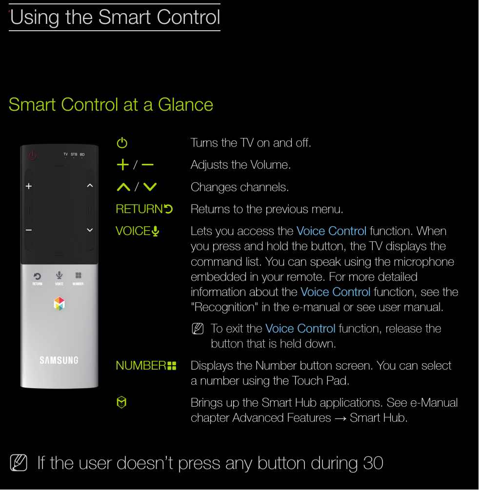  ℓUsing the Smart Control Smart Control at a Glance  P  Turns the TV on and off. w / v Adjusts the Volume. &lt; / &gt; Changes  channels. RETURNR Returns to the previous menu. VOICE˜ Lets you access the Voice Control function. When you press and hold the button, the TV displays the command list. You can speak using the microphone embedded in your remote. For more detailed information about the Voice Control function, see the &quot;Recognition&quot; in the e-manual or see user manual. N To exit the Voice Control function, release the button that is held down. NUMBERš Displays the Number button screen. You can select a number using the Touch Pad. ™  Brings up the Smart Hub applications. See e-Manual chapter Advanced Features → Smart Hub. N If the user doesn’t press any button during 30 