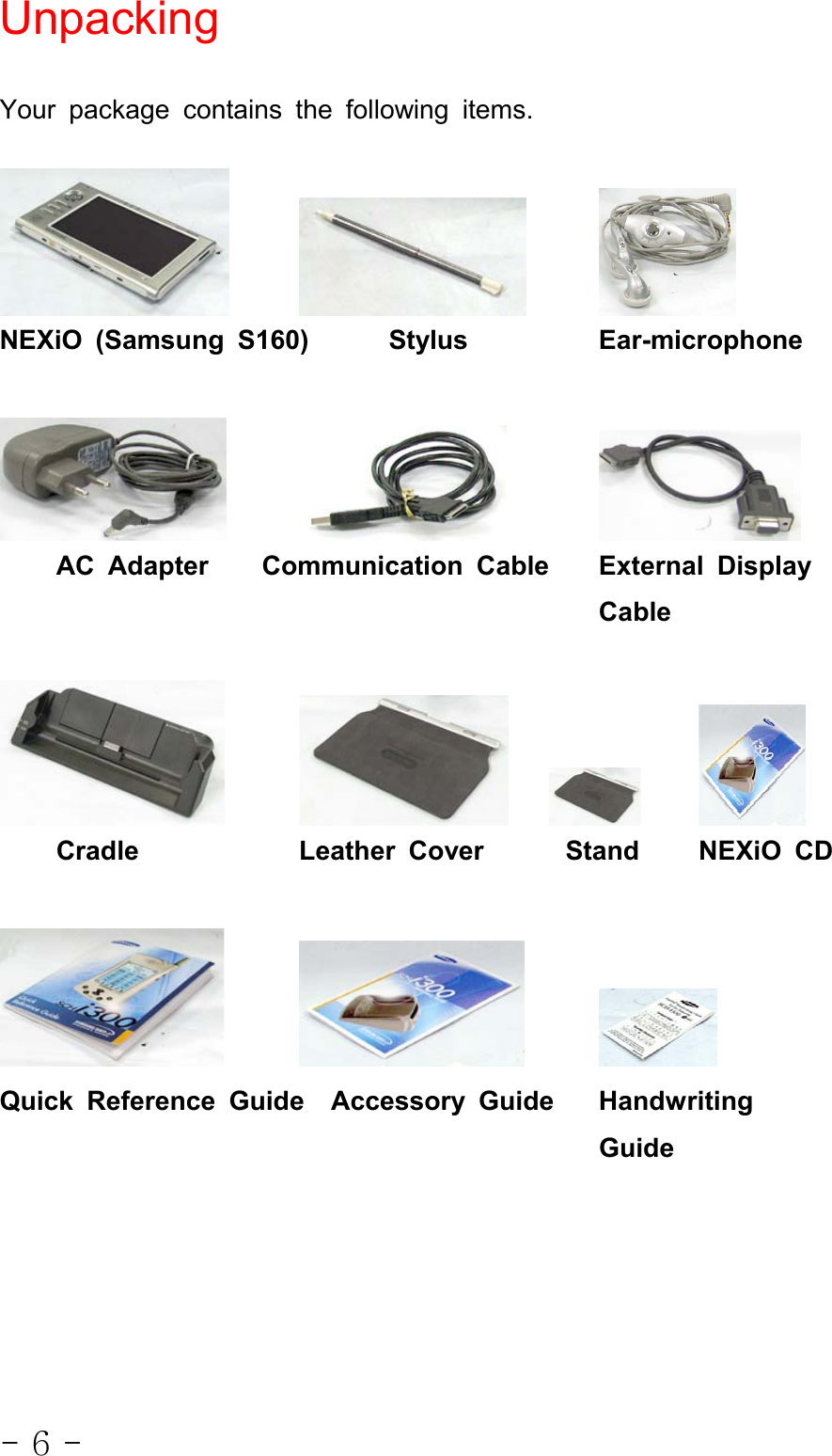 - 6 -UnpackingYour package contains the following items.NEXiO (Samsung S160) Stylus Ear-microphoneAC Adapter Communication Cable External DisplayCableCradle Leather Cover Stand NEXiO CDQuick Reference Guide Accessory Guide HandwritingGuide
