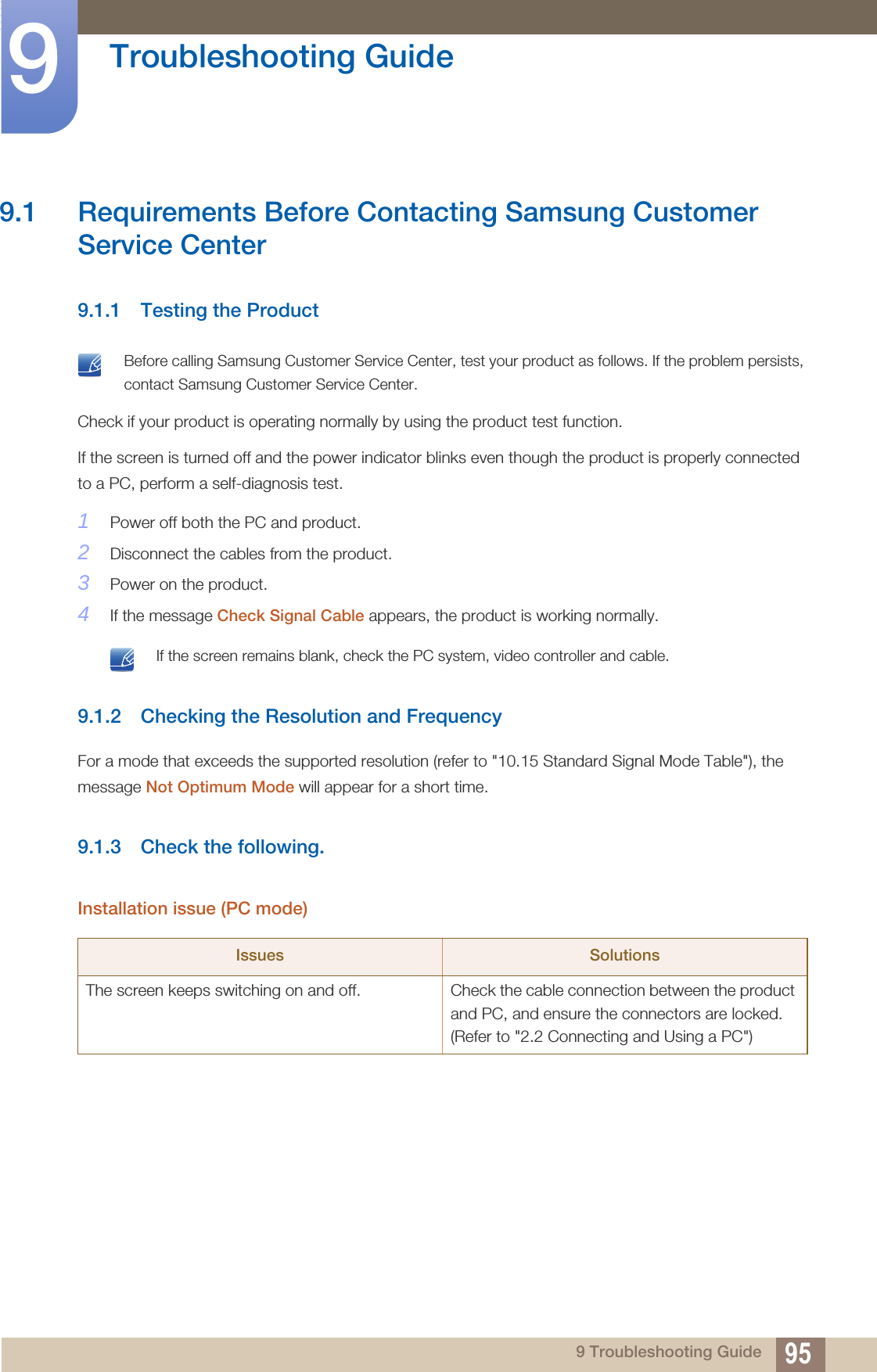 959 Troubleshooting Guide9  Troubleshooting Guide9.1 Requirements Before Contacting Samsung Customer Service Center9.1.1 Testing the Product Before calling Samsung Customer Service Center, test your product as follows. If the problem persists, contact Samsung Customer Service Center. Check if your product is operating normally by using the product test function.If the screen is turned off and the power indicator blinks even though the product is properly connected to a PC, perform a self-diagnosis test.1Power off both the PC and product.2Disconnect the cables from the product.3Power on the product.4If the message Check Signal Cable appears, the product is working normally. If the screen remains blank, check the PC system, video controller and cable. 9.1.2 Checking the Resolution and FrequencyFor a mode that exceeds the supported resolution (refer to &quot;10.15 Standard Signal Mode Table&quot;), the message Not Optimum Mode will appear for a short time.9.1.3 Check the following.Installation issue (PC mode)Issues SolutionsThe screen keeps switching on and off.  Check the cable connection between the product and PC, and ensure the connectors are locked. (Refer to &quot;2.2 Connecting and Using a PC&quot;)