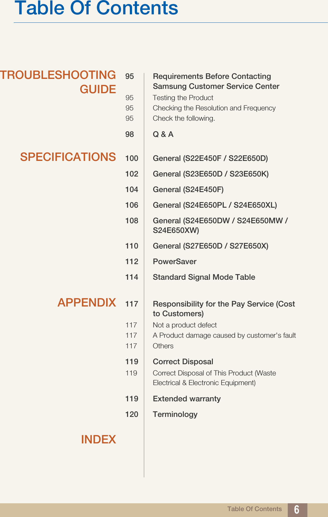 Table Of ContentsTable Of Contents 6TROUBLESHOOTINGGUIDE95 Requirements Before Contacting Samsung Customer Service Center95 Testing the Product95 Checking the Resolution and Frequency95 Check the following.98 Q &amp; ASPECIFICATIONS 100 General (S22E450F / S22E650D)102 General (S23E650D / S23E650K)104 General (S24E450F)106 General (S24E650PL / S24E650XL)108 General (S24E650DW / S24E650MW / S24E650XW)110 General (S27E650D / S27E650X)112 PowerSaver114 Standard Signal Mode TableAPPENDIX 117 Responsibility for the Pay Service (Cost to Customers)117 Not a product defect117 A Product damage caused by customer&apos;s fault117 Others119 Correct Disposal119 Correct Disposal of This Product (Waste Electrical &amp; Electronic Equipment)119 Extended warranty120 TerminologyINDEX