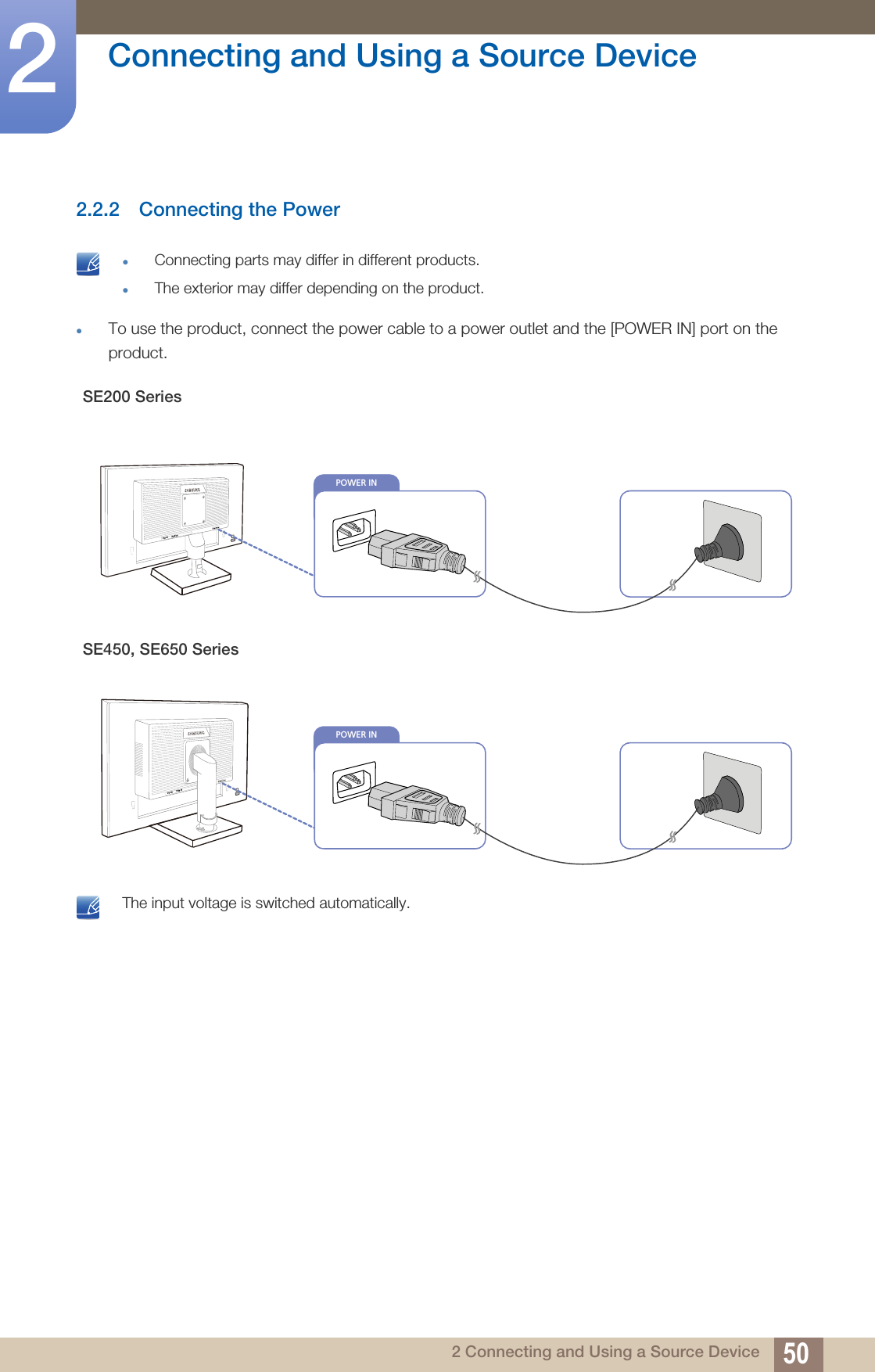 50Connecting and Using a Source Device22 Connecting and Using a Source Device2.2.2 Connecting the Power Connecting parts may differ in different products.The exterior may differ depending on the product. To use the product, connect the power cable to a power outlet and the [POWER IN] port on the product. The input voltage is switched automatically. SE200 SeriesSE450, SE650 SeriesPOWER IN                  DVI IN        RGB IN                                       DVI IN        RGB IN                     POWER IN