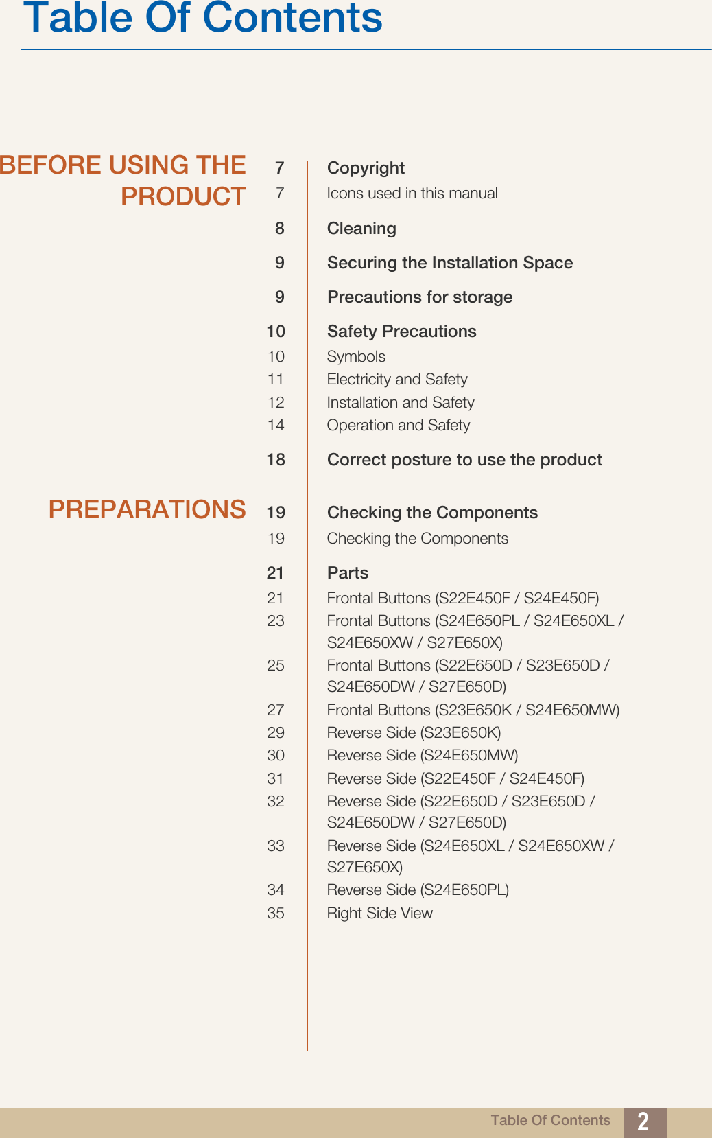 Table Of Contents 2Table Of ContentsBEFORE USING THEPRODUCT7 Copyright7 Icons used in this manual8 Cleaning9 Securing the Installation Space9 Precautions for storage10 Safety Precautions10 Symbols11 Electricity and Safety12 Installation and Safety 14 Operation and Safety18 Correct posture to use the product PREPARATIONS 19 Checking the Components19 Checking the Components21 Parts21 Frontal Buttons (S22E450F / S24E450F)23 Frontal Buttons (S24E650PL / S24E650XL / S24E650XW / S27E650X)25 Frontal Buttons (S22E650D / S23E650D / S24E650DW / S27E650D)27 Frontal Buttons (S23E650K / S24E650MW)29 Reverse Side (S23E650K)30 Reverse Side (S24E650MW)31 Reverse Side (S22E450F / S24E450F)32 Reverse Side (S22E650D / S23E650D / S24E650DW / S27E650D)33 Reverse Side (S24E650XL / S24E650XW / S27E650X)34 Reverse Side (S24E650PL)35 Right Side View
