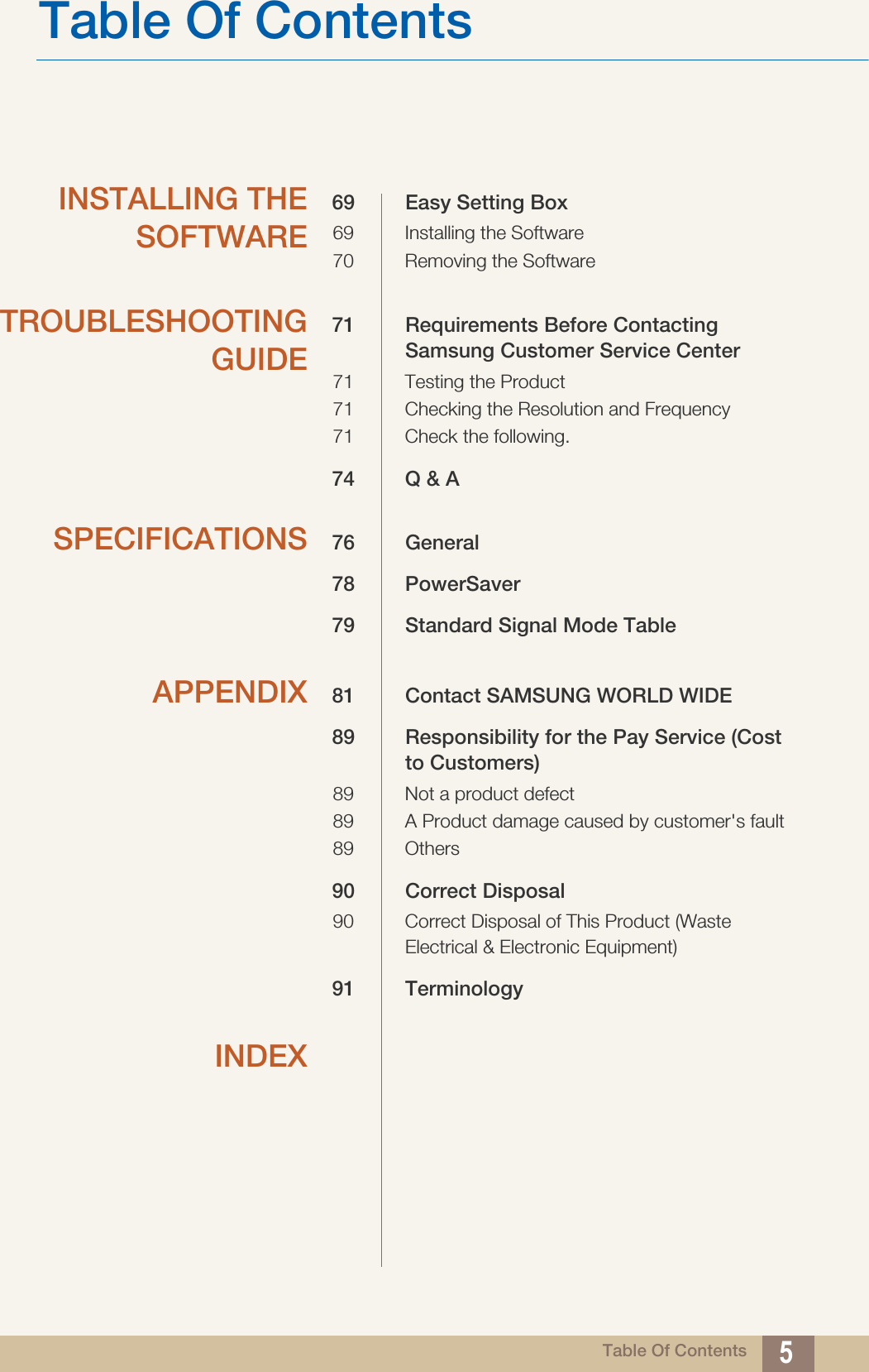 Table Of ContentsTable Of Contents 5INSTALLING THESOFTWARE69 Easy Setting Box69 Installing the Software70 Removing the SoftwareTROUBLESHOOTINGGUIDE71 Requirements Before Contacting Samsung Customer Service Center71 Testing the Product71 Checking the Resolution and Frequency71 Check the following.74 Q &amp; ASPECIFICATIONS 76 General78 PowerSaver79 Standard Signal Mode TableAPPENDIX 81 Contact SAMSUNG WORLD WIDE89 Responsibility for the Pay Service (Cost to Customers)89 Not a product defect89 A Product damage caused by customer&apos;s fault89 Others90 Correct Disposal90 Correct Disposal of This Product (Waste Electrical &amp; Electronic Equipment)91 TerminologyINDEX