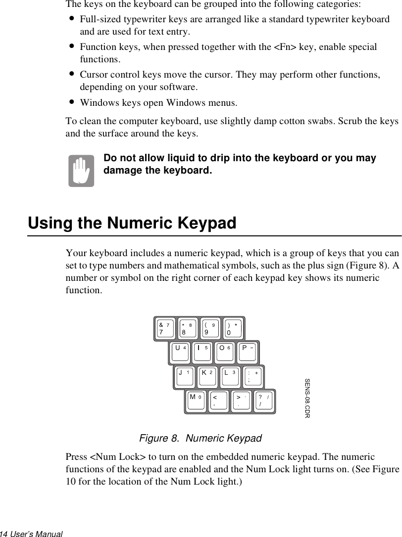 14 User’s Manual The keys on the keyboard can be grouped into the following categories:•Full-sized typewriter keys are arranged like a standard typewriter keyboard and are used for text entry. •Function keys, when pressed together with the &lt;Fn&gt; key, enable special functions.•Cursor control keys move the cursor. They may perform other functions, depending on your software.•Windows keys open Windows menus. To clean the computer keyboard, use slightly damp cotton swabs. Scrub the keys and the surface around the keys. Do not allow liquid to drip into the keyboard or you may damage the keyboard.Using the Numeric KeypadYour keyboard includes a numeric keypad, which is a group of keys that you can set to type numbers and mathematical symbols, such as the plus sign (Figure 8). A number or symbol on the right corner of each keypad key shows its numeric function.Figure 8.  Numeric KeypadPress &lt;Num Lock&gt; to turn on the embedded numeric keypad. The numeric functions of the keypad are enabled and the Num Lock light turns on. (See Figure 10 for the location of the Num Lock light.)