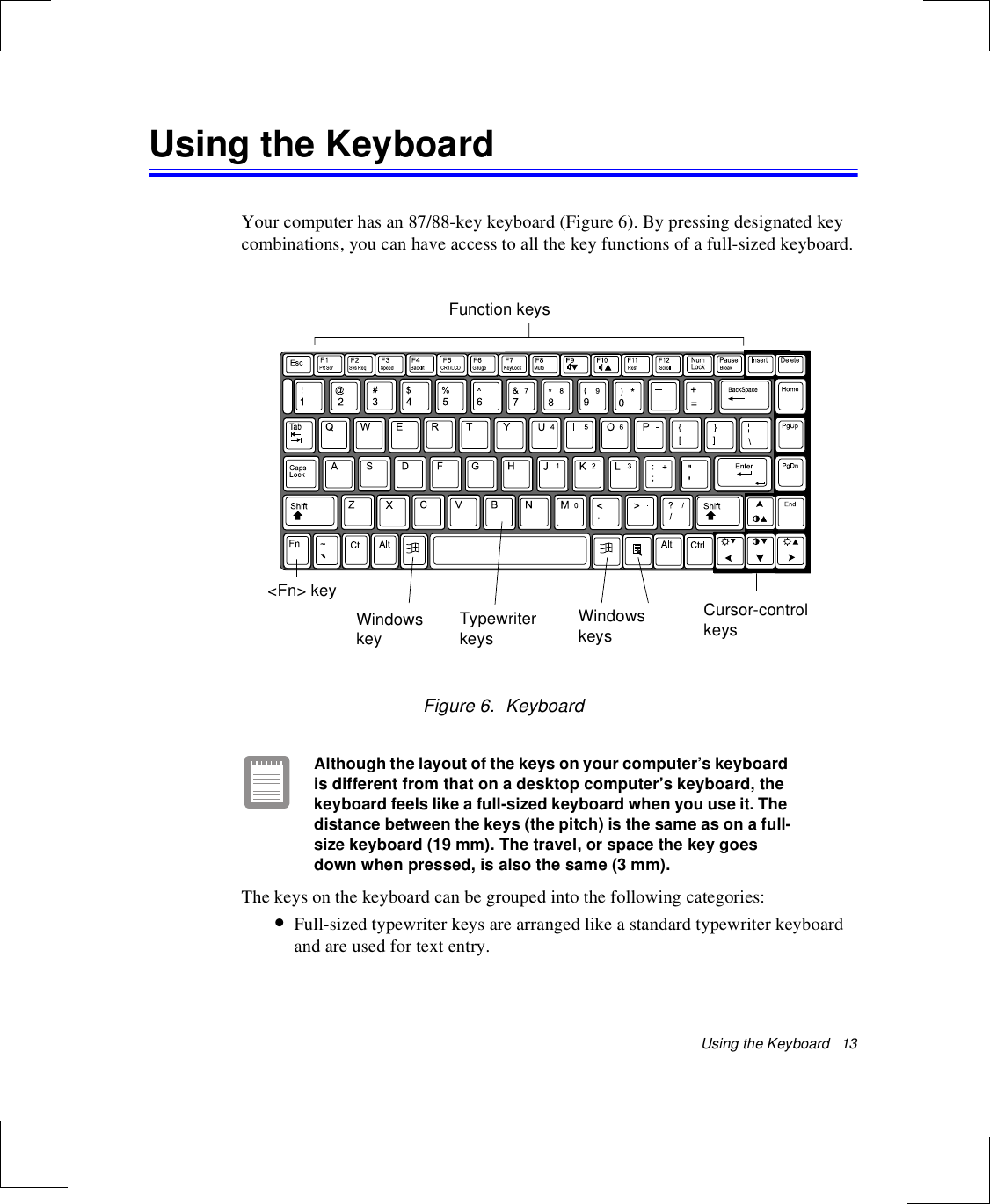 Using the Keyboard   13Using the KeyboardYour computer has an 87/88-key keyboard (Figure 6). By pressing designated key combinations, you can have access to all the key functions of a full-sized keyboard.Figure 6.  KeyboardAlthough the layout of the keys on your computer’s keyboard is different from that on a desktop computer’s keyboard, the keyboard feels like a full-sized keyboard when you use it. The distance between the keys (the pitch) is the same as on a full-size keyboard (19 mm). The travel, or space the key goes down when pressed, is also the same (3 mm).The keys on the keyboard can be grouped into the following categories:•Full-sized typewriter keys are arranged like a standard typewriter keyboard and are used for text entry. Function keysWindows keyCursor-control keysTypewriterkeysWindows keys&lt;Fn&gt; key