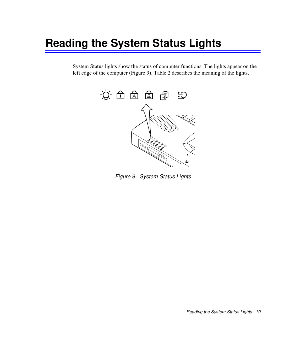 Reading the System Status Lights   19Reading the System Status LightsSystem Status lights show the status of computer functions. The lights appear on the left edge of the computer (Figure 9). Table 2 describes the meaning of the lights.Figure 9.  System Status Lights
