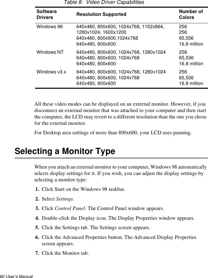 60 User’s Manual Table 8.  Video Driver CapabilitiesAll these video modes can be displayed on an external monitor. However, if you disconnect an external monitor that was attached to your computer and then start the computer, the LCD may revert to a different resolution than the one you chose for the external monitor.For Desktop area settings of more than 800x600, your LCD uses panning.Selecting a Monitor TypeWhen you attach an external monitor to your computer, Windows 98 automatically selects display settings for it. If you wish, you can adjust the display settings by selecting a monitor type:1. Click Start on the Windows 98 taskbar. 2. Select Settings. 3. Click Control Panel. The Control Panel window appears.4. Double-click the Display icon. The Display Properties window appears.5. Click the Settings tab. The Settings screen appears.6. Click the Advanced Properties button. The Advanced Display Properties screen appears.7. Click the Monitor tab. Software Drivers Resolution Supported Number of ColorsWindows 98 640x480, 800x600, 1024x768, 1152x864, 1280x1024, 1600x1200640x480, 800x600,1024x768 640x480, 800x600256 25665,53616.8 million Windows NT 640x480, 800x600, 1024x768, 1280x1024640x480, 800x600, 1024x768640x480, 800x600256 65,53616.8 millionWindows v3.x 640x480, 800x600, 1024x768, 1280x1024640x480, 800x600, 1024x768640x480, 800x60025665,53616.8 million