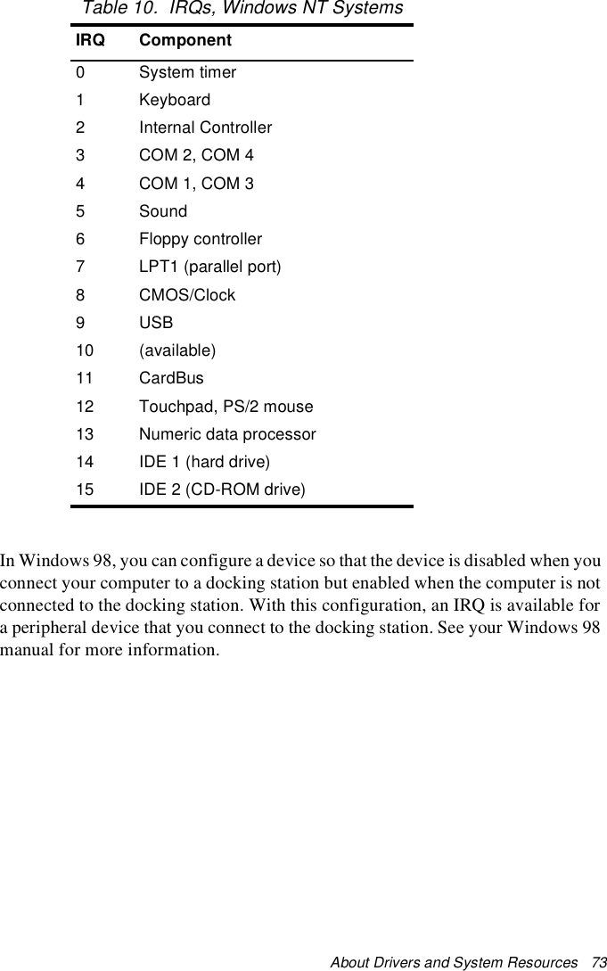 About Drivers and System Resources   73Table 10.  IRQs, Windows NT SystemsIn Windows 98, you can configure a device so that the device is disabled when you connect your computer to a docking station but enabled when the computer is not connected to the docking station. With this configuration, an IRQ is available for a peripheral device that you connect to the docking station. See your Windows 98 manual for more information. IRQ Component0System timer1Keyboard2Internal Controller3COM 2, COM 44 COM 1, COM 35Sound6Floppy controller7 LPT1 (parallel port)8CMOS/Clock9USB10 (available)11 CardBus12 Touchpad, PS/2 mouse13 Numeric data processor14 IDE 1 (hard drive)15 IDE 2 (CD-ROM drive)