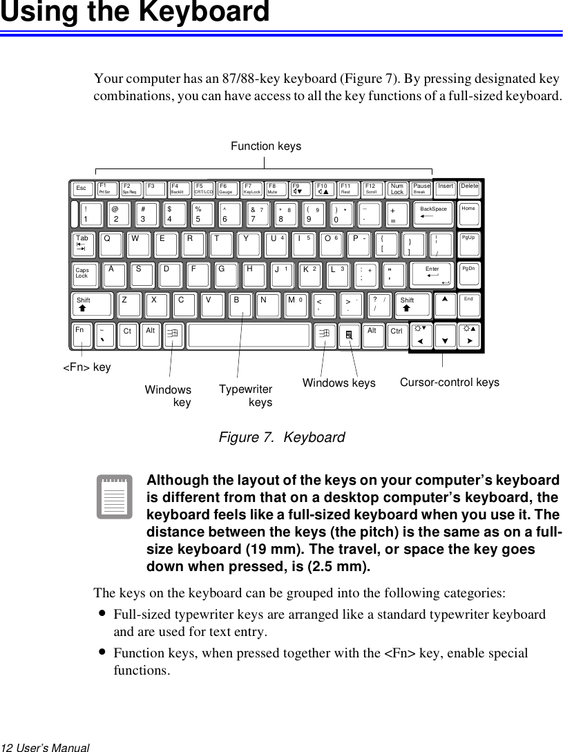 12 User’s Manual Using the KeyboardYour computer has an 87/88-key keyboard (Figure 7). By pressing designated key combinations, you can have access to all the key functions of a full-sized keyboard.Figure 7.  KeyboardAlthough the layout of the keys on your computer’s keyboard is different from that on a desktop computer’s keyboard, the keyboard feels like a full-sized keyboard when you use it. The distance between the keys (the pitch) is the same as on a full-size keyboard (19 mm). The travel, or space the key goes down when pressed, is (2.5 mm).The keys on the keyboard can be grouped into the following categories:•Full-sized typewriter keys are arranged like a standard typewriter keyboard and are used for text entry. •Function keys, when pressed together with the &lt;Fn&gt; key, enable special functions.~F1 F2 F3 F4 Insert DeletePauseEsc BreakSys ReqEndHomeCtrlCt~AltAltEnterBackSpaceCapsLock0./,.&gt;&lt; /?ZXCVBNMFnShift Shift+&quot;&apos;123ASDFGHJKL;:-{[{[45 6QWERT YUI OPTab!#$134PgUp/PgDnF5 F6 F8 F9 F10 F11 F12 NumLockScrollRestMute%^*&amp;()56 7890+=_-789*@2PrtScr GaugeCRT/LCDBacklit F7KeyLockFunction keysWindowskeyCursor-control keysTypewriterkeysWindows keys&lt;Fn&gt; key