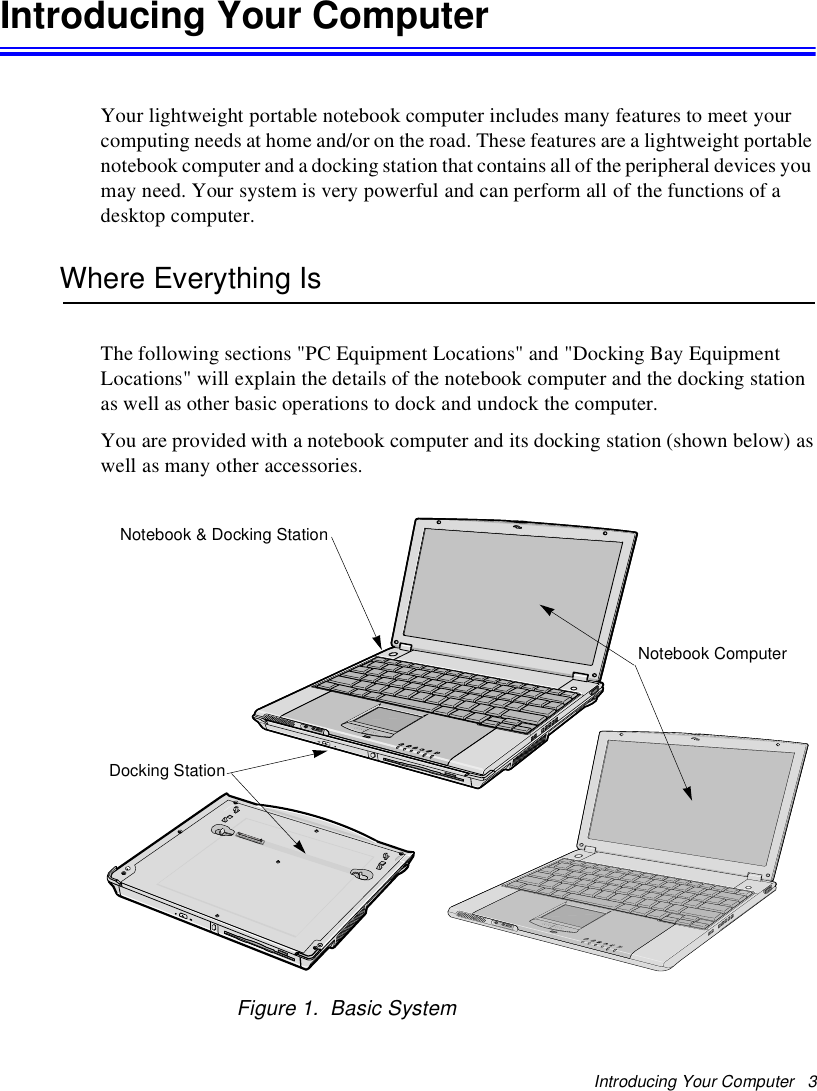 Introducing Your Computer 3Introducing Your ComputerYour lightweight portable notebook computer includes many features to meet yourcomputing needs at home and/or on the road. These features are a lightweight portablenotebook computer and a docking station that contains all of the peripheral devices youmay need. Your system is very powerful and can perform all of the functions of adesktop computer.Where Everything IsThe following sections &quot;PC Equipment Locations&quot; and &quot;Docking Bay EquipmentLocations&quot; will explain the details of the notebook computer and the docking stationas well as other basic operations to dock and undock the computer.You are provided with a notebook computer and its docking station (shown below) aswell as many other accessories.Figure 1. Basic SystemDocking StationNotebook ComputerNotebook &amp; Docking Station