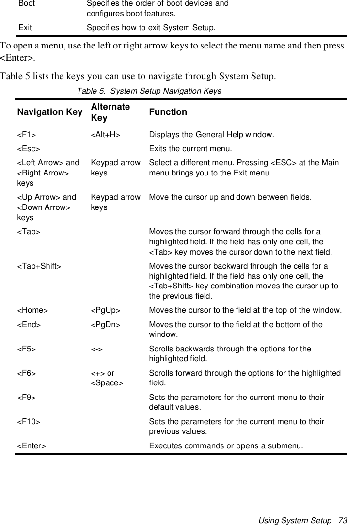 Using System Setup 73To open a menu, use the left or right arrow keys to select the menu name and then press&lt;Enter&gt;.Table 5 lists the keys you can use to navigate through System Setup.Table 5. System Setup Navigation KeysBoot Specifies the order of boot devices andconfigures boot features.Exit Specifies how to exit System Setup.Navigation Key AlternateKey Function&lt;F1&gt; &lt;Alt+H&gt; Displays the General Help window.&lt;Esc&gt; Exits the current menu.&lt;Left Arrow&gt; and&lt;Right Arrow&gt;keysKeypad arrowkeysSelect a different menu. Pressing &lt;ESC&gt; at the Mainmenu brings you to the Exit menu.&lt;Up Arrow&gt; and&lt;Down Arrow&gt;keysKeypad arrowkeysMove the cursor up and down between fields.&lt;Tab&gt; Moves the cursor forward through the cells for ahighlighted field. If the field has only one cell, the&lt;Tab&gt; key moves the cursor down to the next field.&lt;Tab+Shift&gt; Moves the cursor backward through the cells for ahighlighted field. If the field has only one cell, the&lt;Tab+Shift&gt; key combination moves the cursor up tothe previous field.&lt;Home&gt; &lt;PgUp&gt; Moves the cursor to the field at the top of the window.&lt;End&gt; &lt;PgDn&gt; Moves the cursor to the field at the bottom of thewindow.&lt;F5&gt; &lt;-&gt; Scrolls backwards through the options for thehighlighted field.&lt;F6&gt; &lt;+&gt; or&lt;Space&gt;Scrolls forward through the options for the highlightedfield.&lt;F9&gt; Sets the parameters for the current menu to theirdefault values.&lt;F10&gt; Sets the parameters for the current menu to theirprevious values.&lt;Enter&gt; Executes commands or opens a submenu.