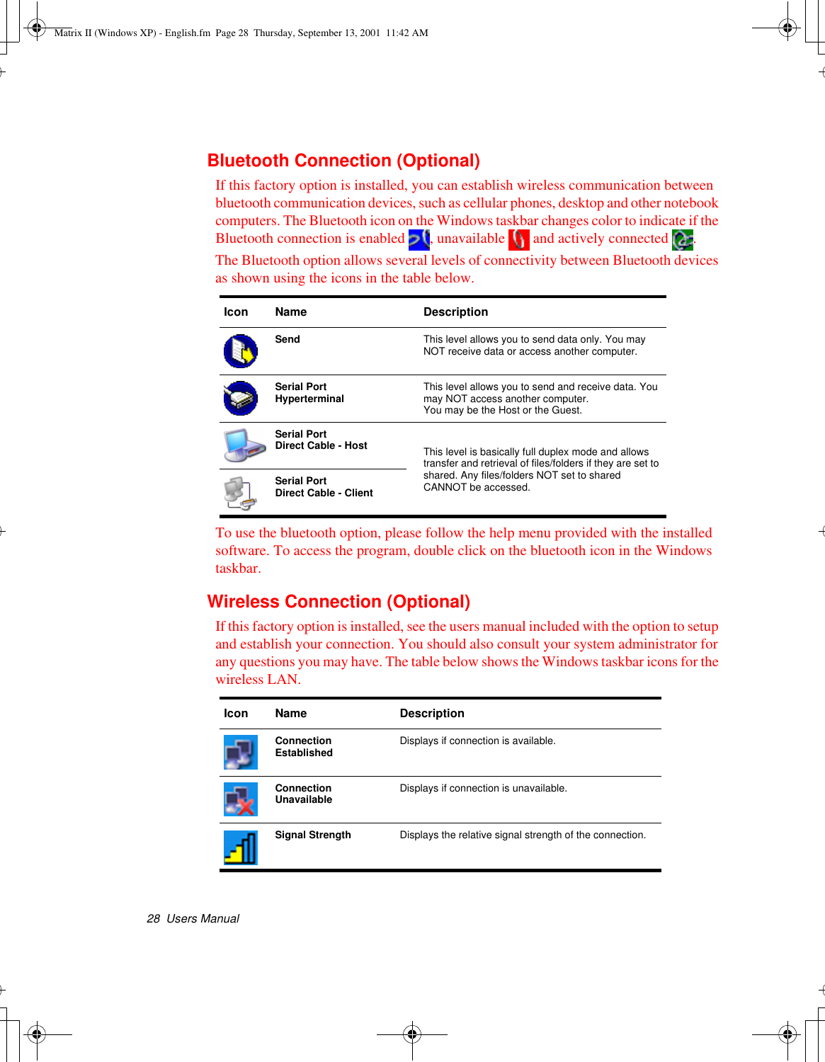 28  Users ManualBluetooth Connection (Optional)If this factory option is installed, you can establish wireless communication between bluetooth communication devices, such as cellular phones, desktop and other notebook computers. The Bluetooth icon on the Windows taskbar changes color to indicate if the Bluetooth connection is enabled  , unavailable   and actively connected  .  The Bluetooth option allows several levels of connectivity between Bluetooth devices as shown using the icons in the table below. To use the bluetooth option, please follow the help menu provided with the installed software. To access the program, double click on the bluetooth icon in the Windows taskbar.Wireless Connection (Optional)If this factory option is installed, see the users manual included with the option to setup and establish your connection. You should also consult your system administrator for any questions you may have. The table below shows the Windows taskbar icons for the wireless LAN.   Icon Name DescriptionSend  This level allows you to send data only. You may NOT receive data or access another computer.Serial PortHyperterminal This level allows you to send and receive data. You may NOT access another computer.You may be the Host or the Guest.Serial PortDirect Cable - Host This level is basically full duplex mode and allows transfer and retrieval of files/folders if they are set to shared. Any files/folders NOT set to shared CANNOT be accessed.Serial PortDirect Cable - ClientIcon Name DescriptionConnection Established  Displays if connection is available.Connection Unavailable  Displays if connection is unavailable.Signal Strength Displays the relative signal strength of the connection.Matrix II (Windows XP) - English.fm  Page 28  Thursday, September 13, 2001  11:42 AM