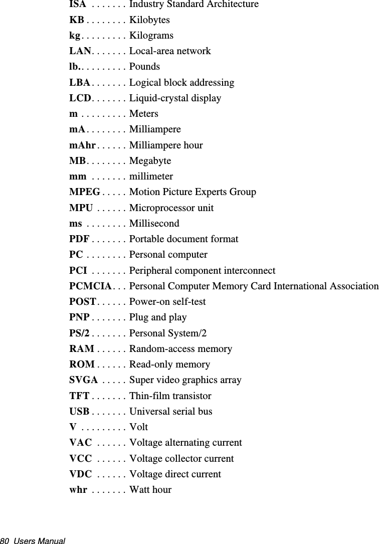 80  Users ManualISA  . . . . . . . Industry Standard ArchitectureKB . . . . . . . . Kilobyteskg. . . . . . . . . KilogramsLAN. . . . . . . Local-area networklb.. . . . . . . . . PoundsLBA. . . . . . . Logical block addressingLCD. . . . . . . Liquid-crystal displaym . . . . . . . . . MetersmA. . . . . . . . MilliamperemAhr. . . . . . Milliampere hourMB. . . . . . . . Megabytemm  . . . . . . . millimeterMPEG . . . . . Motion Picture Experts GroupMPU . . . . . . Microprocessor unitms  . . . . . . . . MillisecondPDF . . . . . . . Portable document formatPC . . . . . . . . Personal computerPCI  . . . . . . . Peripheral component interconnectPCMCIA. . . Personal Computer Memory Card International AssociationPOST. . . . . . Power-on self-testPNP . . . . . . . Plug and playPS/2 . . . . . . . Personal System/2RAM . . . . . . Random-access memoryROM . . . . . . Read-only memorySVGA . . . . . Super video graphics arrayTFT . . . . . . . Thin-film transistorUSB . . . . . . . Universal serial busV . . . . . . . . . VoltVAC  . . . . . . Voltage alternating currentVCC  . . . . . . Voltage collector currentVDC  . . . . . . Voltage direct currentwhr  . . . . . . . Watt hourMatrix II (Windows XP) - English.fm  Page 80  Thursday, September 13, 2001  11:42 AM