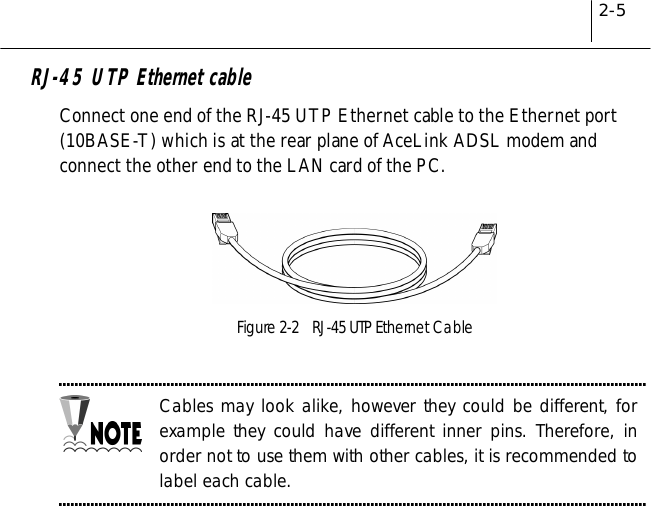 2-5RJ-45 UTP Ethernet cableConnect one end of the RJ-45 UTP Ethernet cable to the Ethernet port(10BASE-T) which is at the rear plane of AceLink ADSL modem andconnect the other end to the LAN card of the PC.Figure 2-2    RJ-45 UTP Ethernet CableCables may look alike, however they could be different, forexample they could have different inner pins. Therefore, inorder not to use them with other cables, it is recommended tolabel each cable.