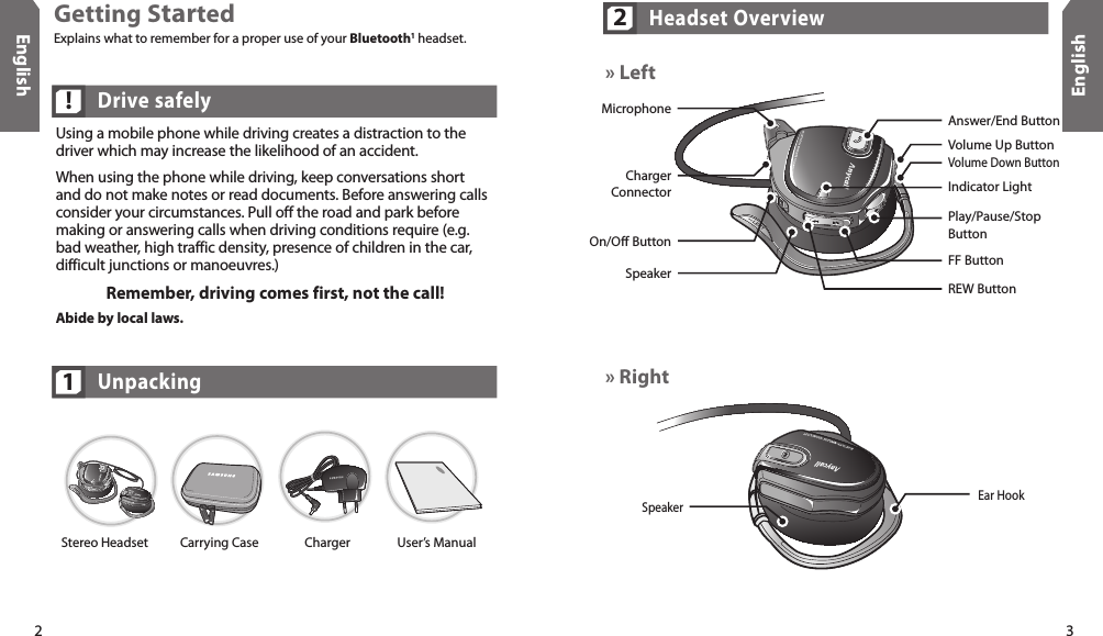 2English3English» LeftEar HookSpeakerStereo Headset Carrying Case Charger User’s Manual Unpacking1Answer/End ButtonIndicator LightMicrophoneVolume Up ButtonPlay/Pause/StopButtonREW Button On/Off Button Charger Connector FF ButtonVolume Down ButtonSpeakerGetting StartedUsing a mobile phone while driving creates a distraction to the driver which may increase the likelihood of an accident. When using the phone while driving, keep conversations short and do not make notes or read documents. Before answering calls consider your circumstances. Pull off the road and park before making or answering calls when driving conditions require (e.g. bad weather, high traffic density, presence of children in the car, difficult junctions or manoeuvres.)Remember, driving comes first, not the call!Abide by local laws.Drive safely!Headset Overview2» RightExplains what to remember for a proper use of your Bluetooth1 headset.
