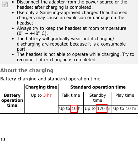 10About the chargingBattery charging and standard operation time•  Disconnect the adapter from the power source or the headset after charging is completed. •  Use only a Samsung-approved charger. Unauthorised chargers may cause an explosion or damage on the headset. •  Always try to keep the headset at room temperature (0o ~ +40o C).•  The battery will gradually wear out if charging/discharging are repeated because it is a consumable part. •  The headset is not able to operate while charging. Try to reconnect after charging is completed.Charging time Standard operation timeBattery operation timeUp to 3 hr Talk time Standby timePlay timeUp to 10 hr Up to 170 hr Up to 10 hr