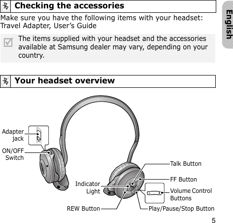 5EnglishMake sure you have the following items with your headset: Travel Adapter, User’s GuideChecking the accessoriesThe items supplied with your headset and the accessories available at Samsung dealer may vary, depending on your country.Your headset overviewTalk ButtonFF ButtonPlay/Pause/Stop ButtonREW ButtonVolume Control ButtonsON/OFFSwitchAdapterjackIndicatorLight