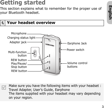 3EnglishGetting startedThis section explains what to remember for the proper use of your Bluetooth headset.Your headset overviewMake sure you have the following items with your headset : Travel Adapter, User’s Guide, EarphoneThe items supplied with your headset may vary depending on your region.Volume control buttonsPower switchCharging status lightAdapter jack Earphone JackMulti-functionbuttonREW buttonPlay/Pause/Stop buttonREW buttonMicrophone