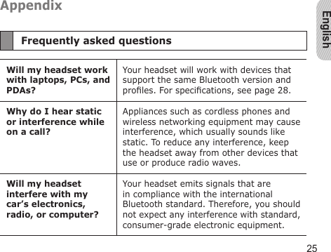 English25AppendixFrequently asked questionsWill my headset work with laptops, PCs, and PDAs?Your headset will work with devices that support the same Bluetooth version and proles. For specications, see page 28.Why do I hear static or interference while on a call?Appliances such as cordless phones and wireless networking equipment may cause interference, which usually sounds like static. To reduce any interference, keep the headset away from other devices that use or produce radio waves.Will my headset interfere with my  car’s electronics, radio, or computer?Your headset emits signals that are in compliance with the international Bluetooth standard. Therefore, you should not expect any interference with standard, consumer-grade electronic equipment.