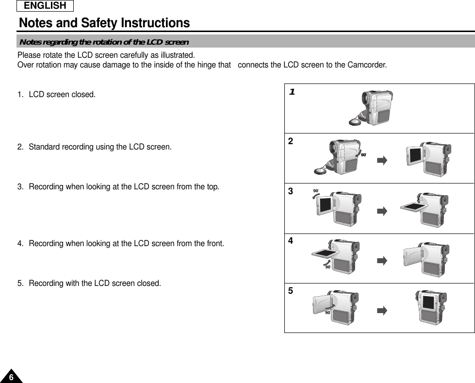 ENGLISH66Notes and Safety InstructionsNotes regarding the rotation of the LCD screenPlease rotate the LCD screen carefully as illustrated.Over rotation may cause damage to the inside of the hinge that connects the LCD screen to the Camcorder.1. LCD screen closed.2. Standard recording using the LCD screen.3. Recording when looking at the LCD screen from the top.4. Recording when looking at the LCD screen from the front.5. Recording with the LCD screen closed.90909012345SAMSUNGSAMSUNGSAMSUNGSAMSUNG90SAMSUNGSAMSUNG90SAMSUNGSAMSUNG
