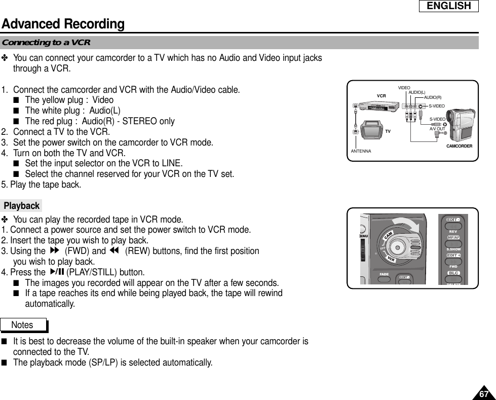 ENGLISH67Advanced RecordingConnecting to a VCR✤You can connect your camcorder to a TV which has no Audio and Video input jacksthrough a VCR.1. Connect the camcorder and VCR with the Audio/Video cable.■The yellow plug : Video■The white plug : Audio(L) ■The red plug : Audio(R) - STEREO only2. Connect a TV to the VCR.3. Set the power switch on the camcorder to VCR mode.4. Turn on both the TV and VCR.■Set the input selector on the VCR to LINE.■Select the channel reserved for your VCR on the TV set.5. Play the tape back.Playback✤You can play the recorded tape in VCR mode.1. Connect a power source and set the power switch to VCR mode.2. Insert the tape you wish to play back.3. Using the  (FWD) and  (REW) buttons, find the first position you wish to play back.4. Press the  (PLAY/STILL) button.■The images you recorded will appear on the TV after a few seconds.■If a tape reaches its end while being played back, the tape will rewind automatically.Notes■It is best to decrease the volume of the built-in speaker when your camcorder isconnected to the TV.■The playback mode (SP/LP) is selected automatically.REVS.SHOWFWDDELETEANTENNAS-VIDEOS-VIDEOA/V OUTTVVCRCAMCORDERVIDEOAUDIO(L)AUDIO(R)