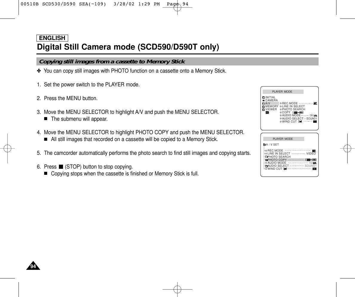 ENGLISH9494Digital Still Camera mode (SCD590/D590T only)✤  You can copy still images with PHOTO function on a cassette onto a Memory Stick.1. Set the power switch to the PLAYER mode.2. Press the MENU button.3. Move the MENU SELECTOR to highlight A/V and push the MENU SELECTOR.■The submenu will appear.4. Move the MENU SELECTOR to highlight PHOTO COPY and push the MENU SELECTOR.■All still images that recorded on a cassette will be copied to a Memory Stick.5. The camcorder automatically performs the photo search to find still images and copying starts.6. Press  (STOP) button to stop copying.■Copying stops when the cassette is finished or Memory Stick is full.PLAYER  MODEREC MODEPHOTO SEARCHPHOTO COPYAUDIO MODE 16SOUND1AUDIO SELECTWIND CUTA / V SETLINE IN SELECTVIDEOPLAYER  MODEINITIALWIND CUTREC MODELINE IN SELECTPHOTO SEARCHCOPYAUDIO MODE 16AUDIO SELECT   CAMERAA/VMEMORYVIEWERSOUND1Copying still images from a cassette to Memory Stick00510B SCD530/D590 SEA(~109)  3/28/02 1:29 PM  Page 94