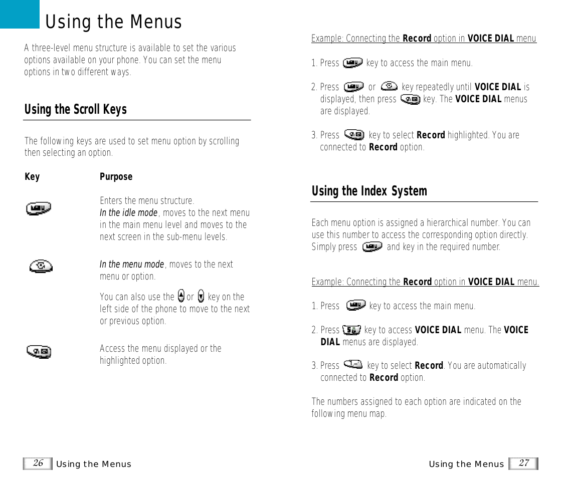 26 Using the Menus 27Using the MenusUsing the Scroll KeysThe following keys are used to set menu option by scrollingthen selecting an option.Key  PurposeEnters the menu structure.In the idle mode, moves to the next menuin the main menu level and moves to thenext screen in the sub-menu levels.In the menu mode, moves to the nextmenu or option.You can also use the  or key on theleft side of the phone to move to the nextor previous option.Access the menu displayed or thehighlighted option.A three-level menu structure is available to set the variousoptions available on your phone. You can set the menuoptions in two different ways.Using the MenusExample: Connecting the Record option in VOICE DIAL menu1. Press  key to access the main menu.2. Press  or   key repeatedly until VOICE DIAL isdisplayed, then press           key. The VOICE DIAL menusare displayed.3. Press            key to select Record highlighted. You areconnected to Record option.Using the Index SystemEach menu option is assigned a hierarchical number. You canuse this number to access the corresponding option directly.Simply press  and key in the required number.Example: Connecting the Record option in VOICE DIAL menu.1. Press  key to access the main menu.2. Press          key to access VOICE DIAL menu. The VOICEDIAL menus are displayed.3. Press  key to select Record. You are automaticallyconnected to Record option.The numbers assigned to each option are indicated on the following menu map.